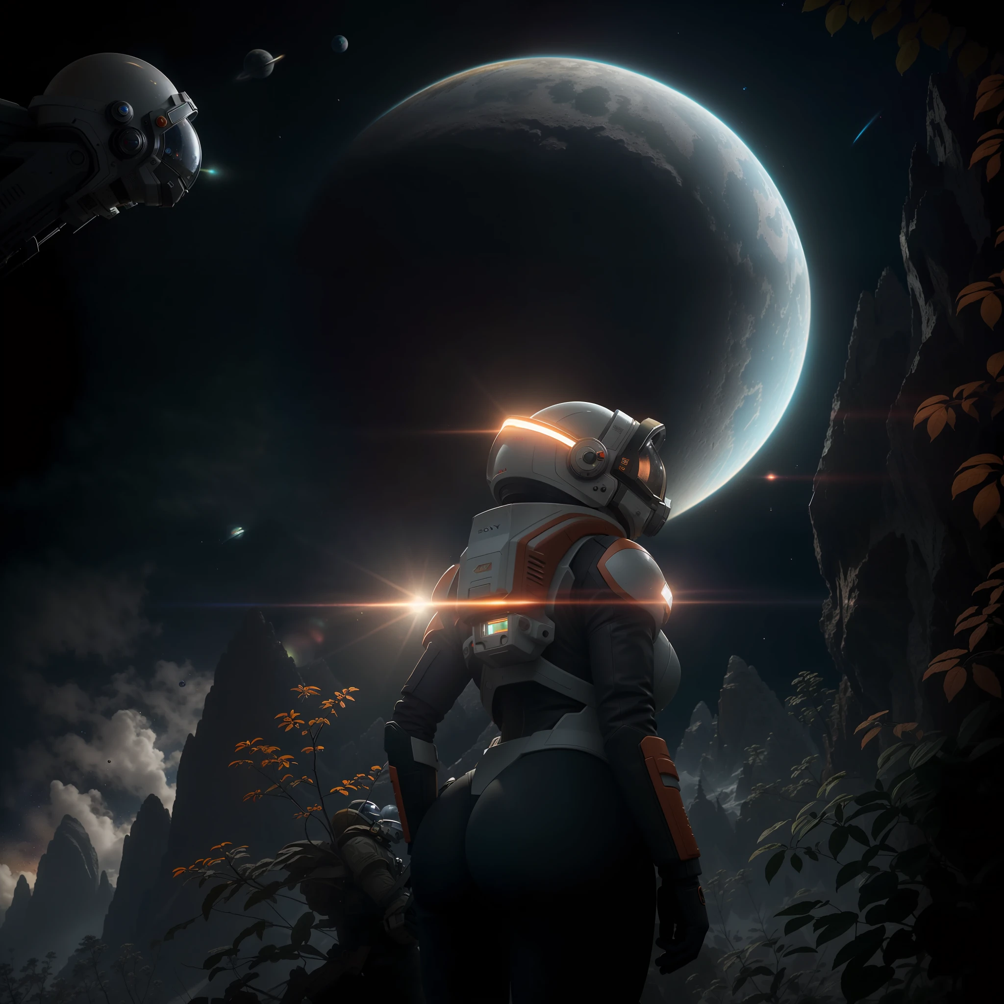 rear angle, Highly detailed RAW color Photo, Rear Angle, Full Body, of (female space soldier, wearing orange and white space suit, helmet, tined face shield, rebreather, accentuated booty), outdoors, (looking up at advanced alien structure, on alien planet), toned body, big butt, (sci-fi), (mountains:1.1), (lush green vegetation), (two moons in sky:0.8), (highly detailed, hyperdetailed, intricate), ((DAY TIME)), (lens flare:0.7), (bloom:0.7), particle effects, raytracing, cinematic lighting, shallow depth of field, photographed on a Sony a9 II, 50mm wide angle lens, sharp focus, cinematic film still from Gravity 2013, from behind