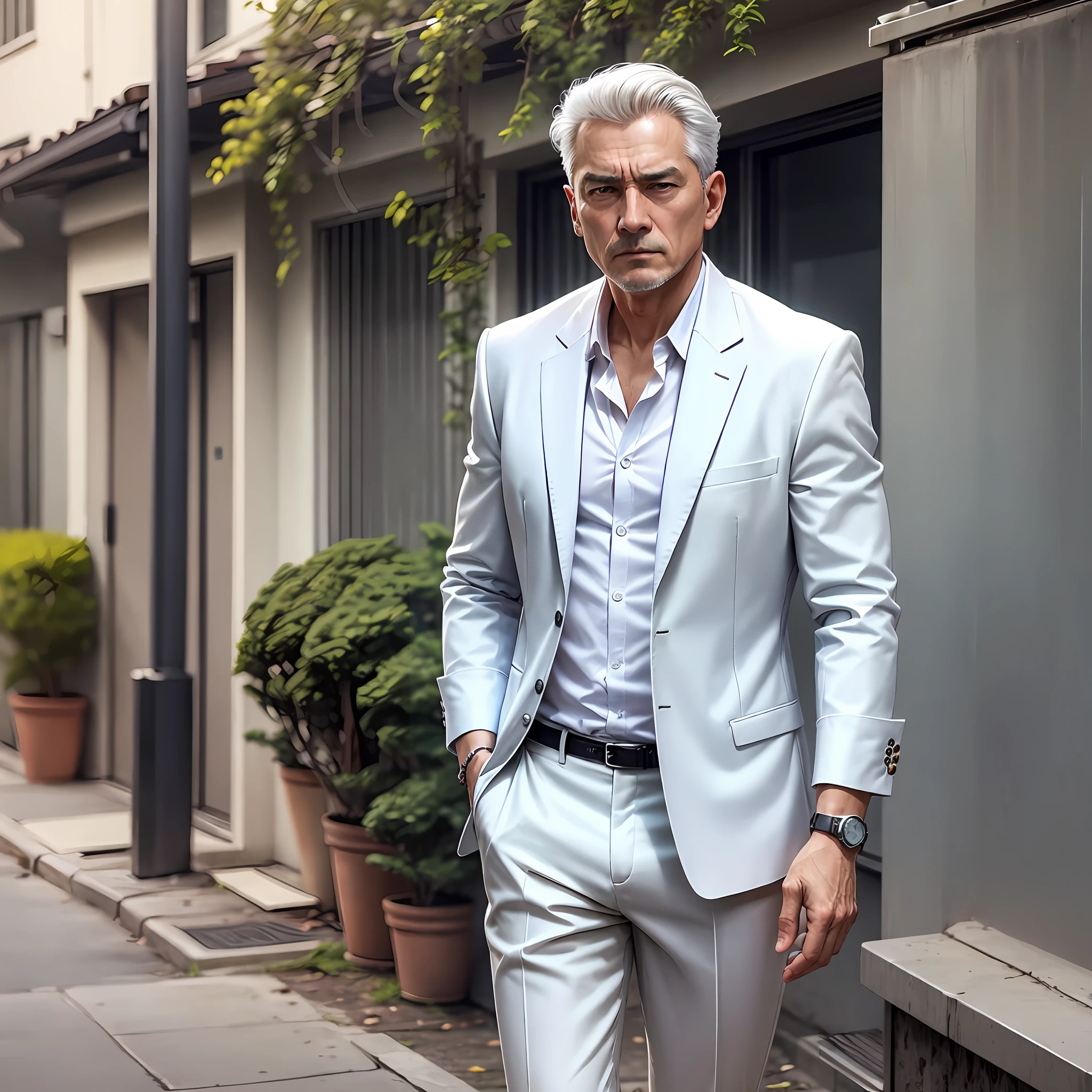 The middle-aged man wearing a watch, white shirt, suit and pants walked outside the house with a cold face, --auto --s2