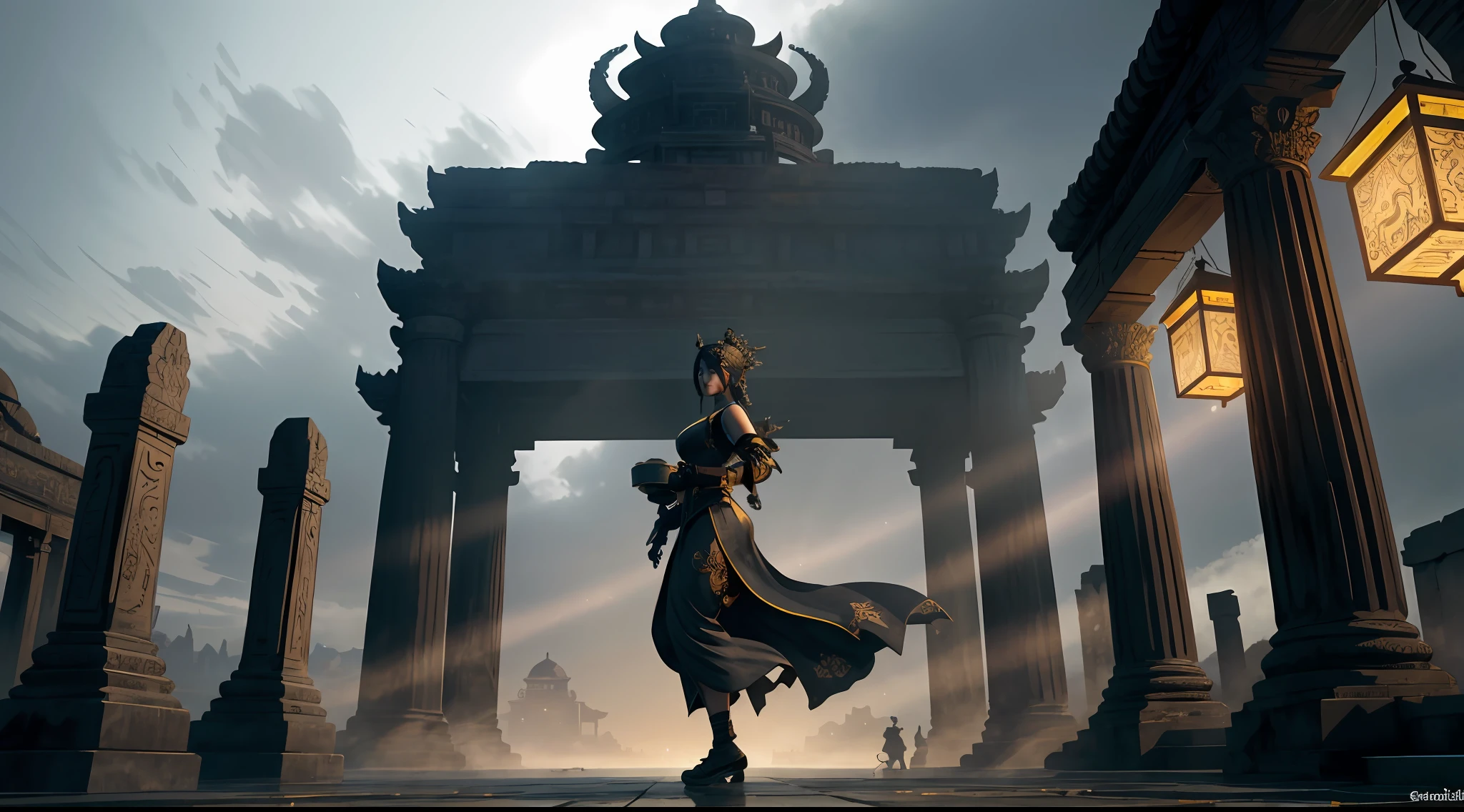 absurd, realistic lighting, (abyss) masterpiece, high quality, beautiful graphics, high detail, dressed woman, extremely refined and beautiful, amazing, fine detail, masterpiece, hyper-detail, high resolution, (best illustration), (best shadow), intricate, ancient landscape, thousand hands bodhisattva, temple, (mysterious black fog), journey to the west, ((corpse), ((ancient monster)), (ruins), (battlefield), (blood stain), glazed tiles, Buddha statue, lantern,