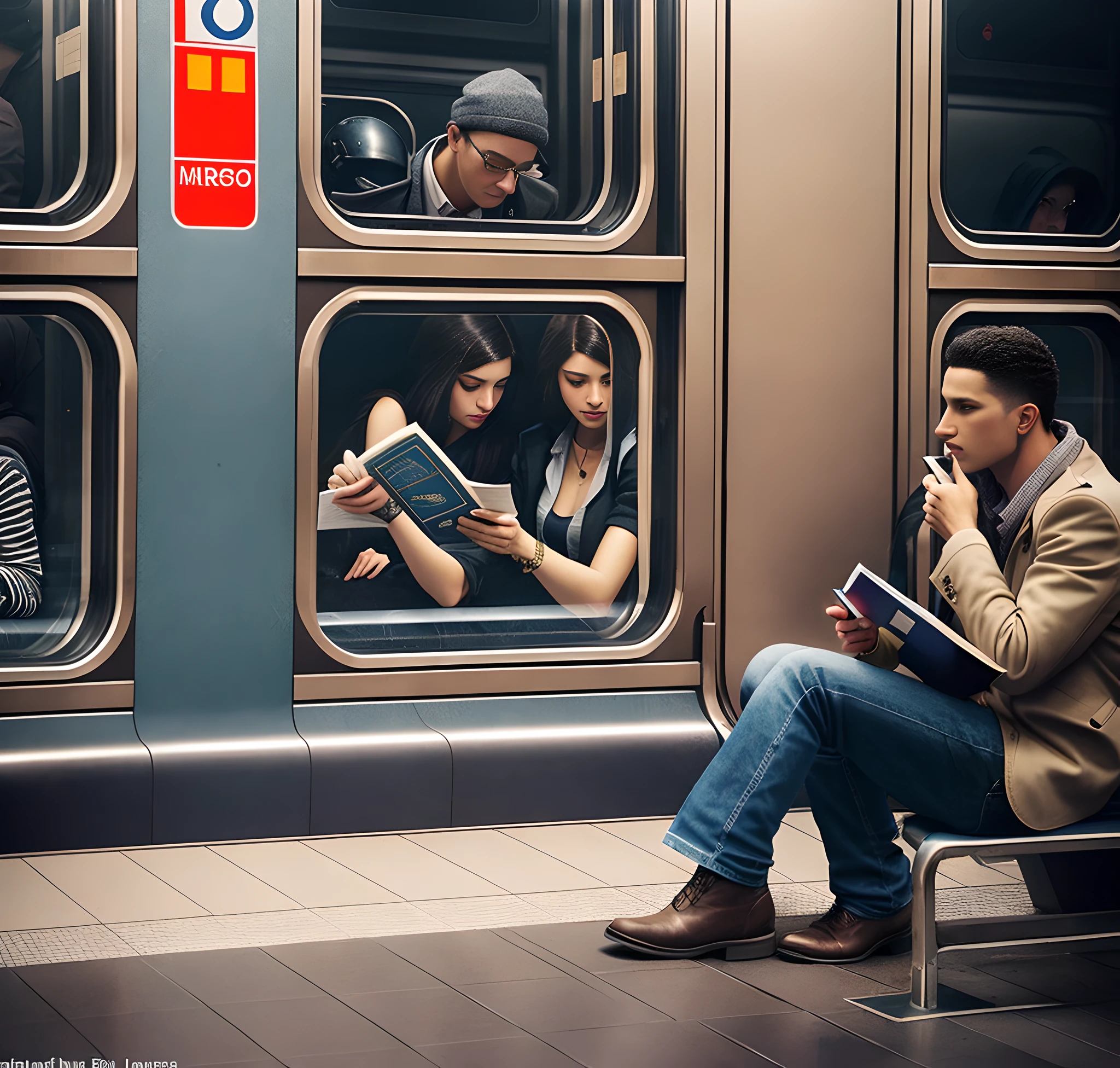 there are people sitting on a bench reading books in a subway, in a subway, by Kurt Roesch, underground scene, inspired by Chris LaBrooy, by Luis Molinari, atey ghailan and steve mccurry, inspired by Steve McCurry, by Chris LaBrooy, by Adam Marczyński, hyperrealistic digital art