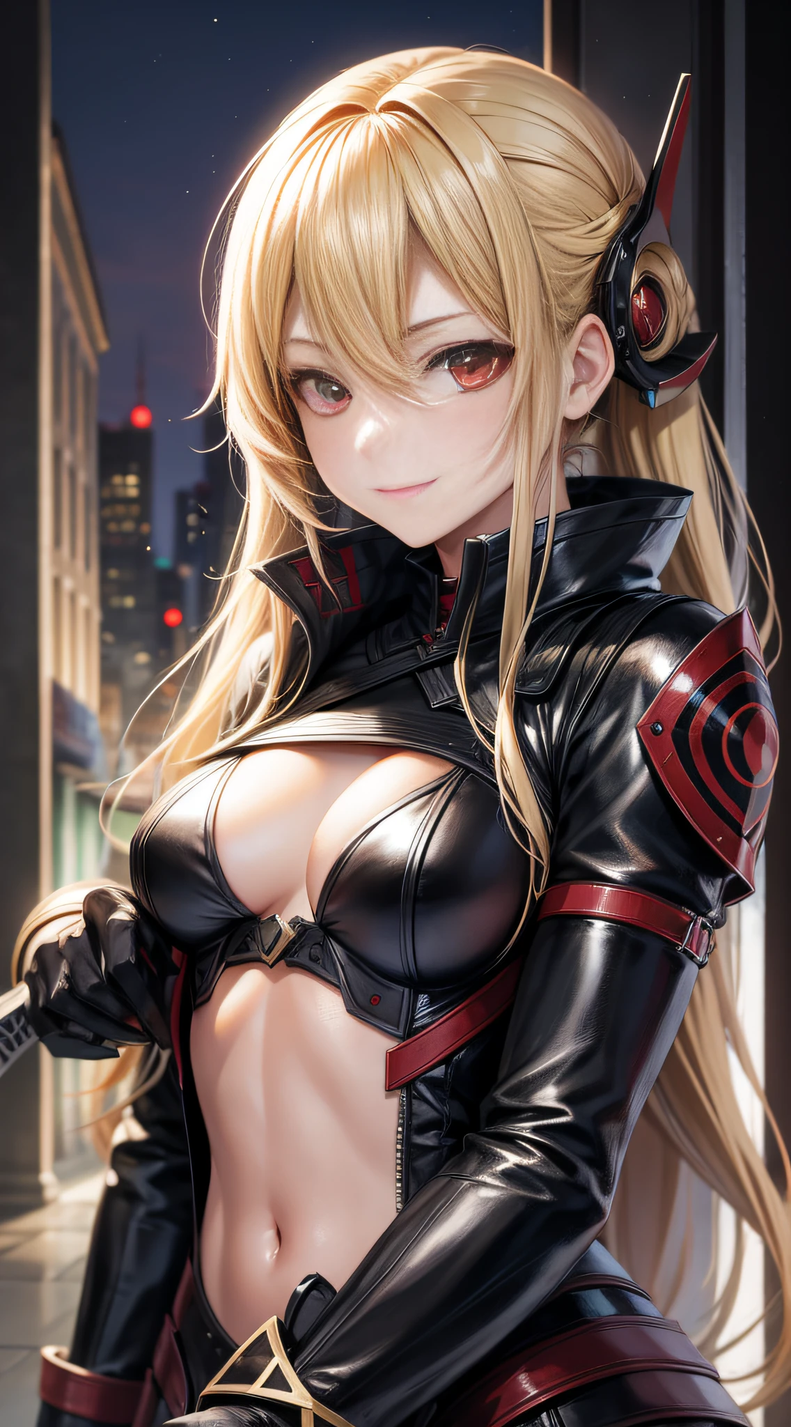 anime, girl single, blonde, red eyes, assassin, assassin, little smile