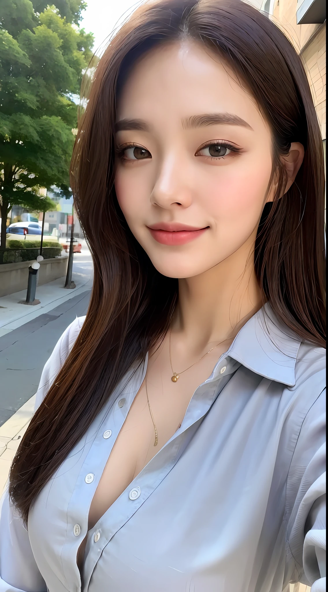 ((Top Quality, 8k, Masterpiece: 1.3)), Crisp Focus: 1.2, Beautiful Women with Perfect Style: 1.4, Slender Abs: 1.2, ((Dark Brown Hair, Big: 1.2)), Long Shirt (White Button Up: 1.1), Street: 1.2, Highly Detailed Face and Skin Texture, Detailed Eyes, Double Eyelids, Smile, One Woman