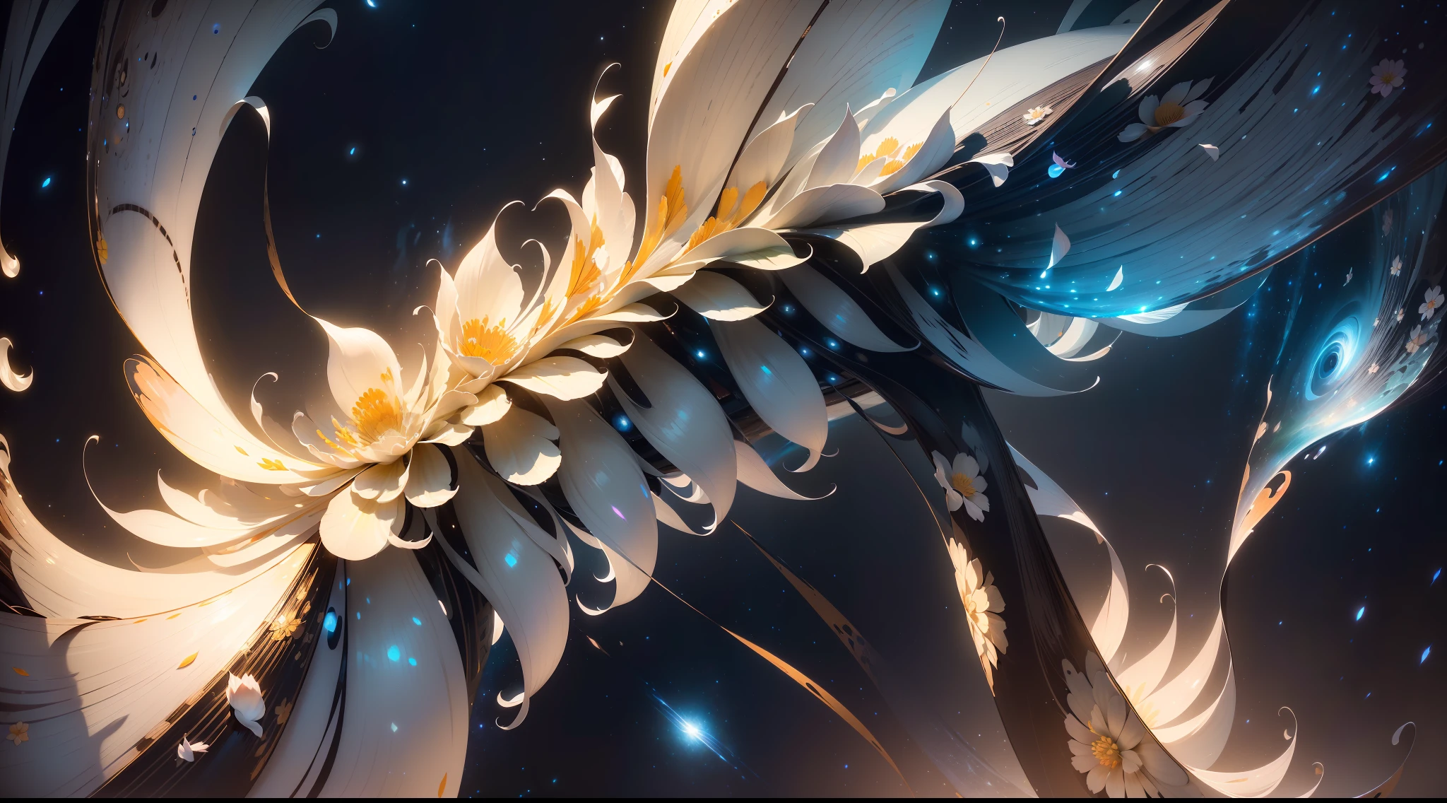 ((REAL))), ((MASTER))), ((BEST QUALITY)), ULTRA-DETAILED CG Unity 8k wallpapers, incredibly detailed and beautiful illustrations, floating, high resolution, dynamic, dark black background, stellar space, big white shining stars, colorful planets in the cosmic maelstrom, countless small petals fluttering, countless scattered petals, Many petals, peeling petals, no flower shape