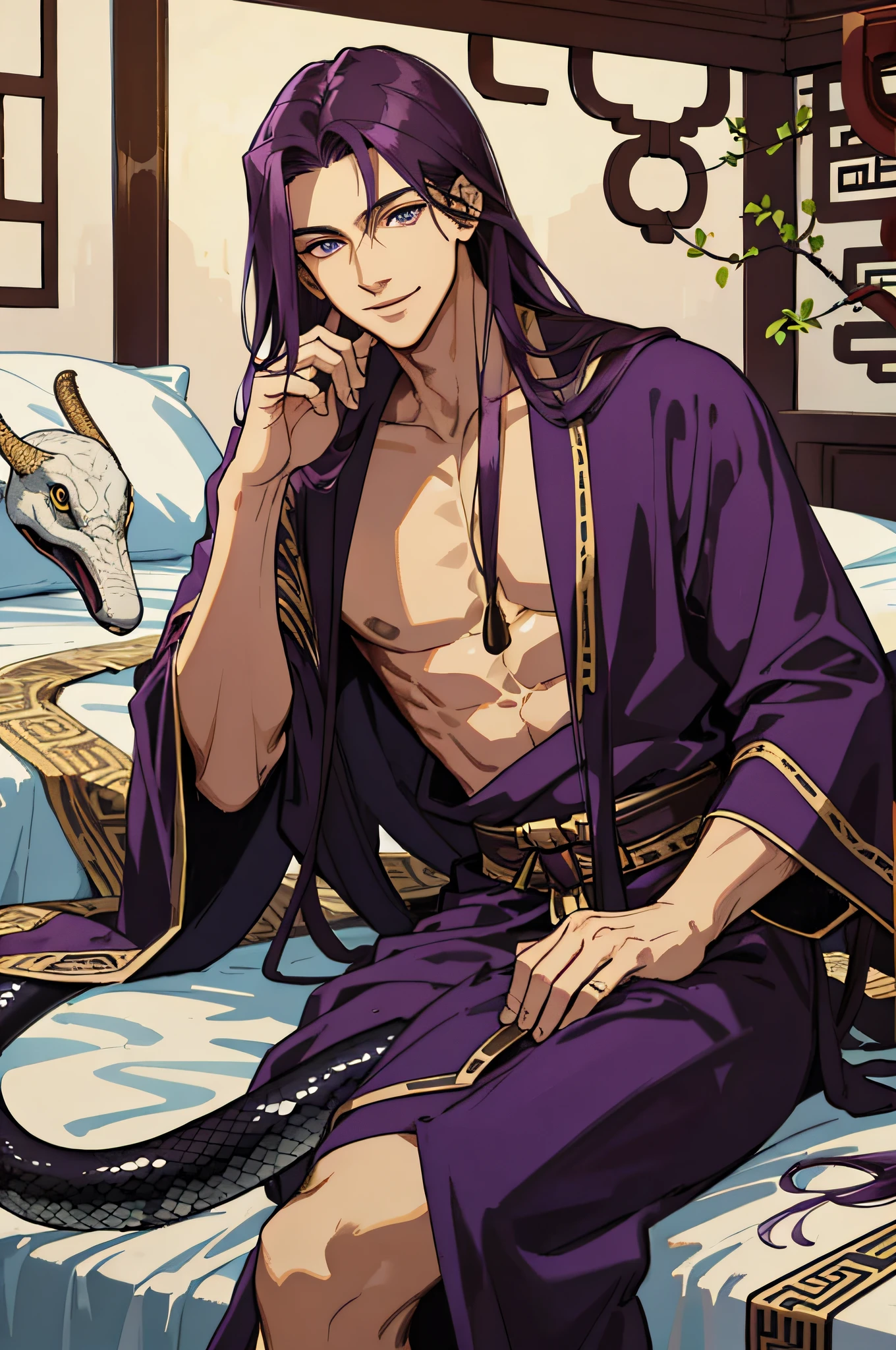 Masterpiece, best quality, 1 male, handsome, delicate eyes, intricate details, long dark purple hair, golden eyes, sitting on bed, smile, gentle smile, ancient costume, ancient Chinese, gorgeous robes, black, giant snake