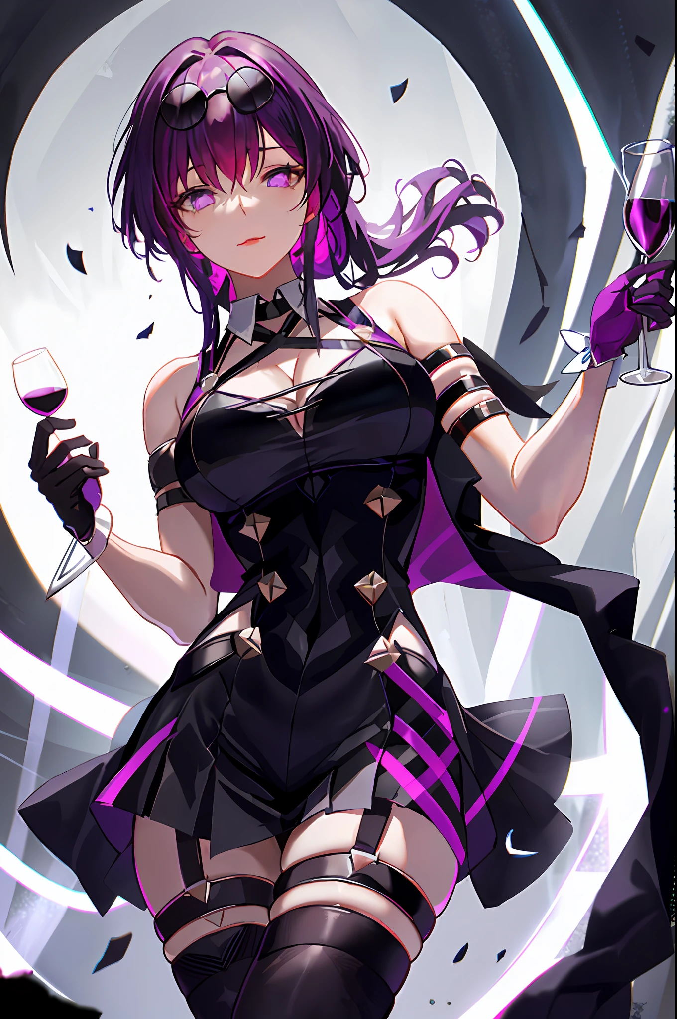 Kafka, honkai star rail, 1girl, alcohol, alternate costume, armlet, bare shoulders, black background, black dress, black gloves, black thighhighs, large breasts, cleavage, criss-cross halter, cup, dress, drinking glass, flower, gloves, gradient background, hair between eyes, sunglass on head, halterneck, holding, holding cup, large breasts, long hair, looking at viewer, purple hair, purple short nails, purple eyes, see-through gloves, solo, thighhighs, thighs, long hair, wine, wine glass, ((masterpiece)) pleated purple skirt, sitting,