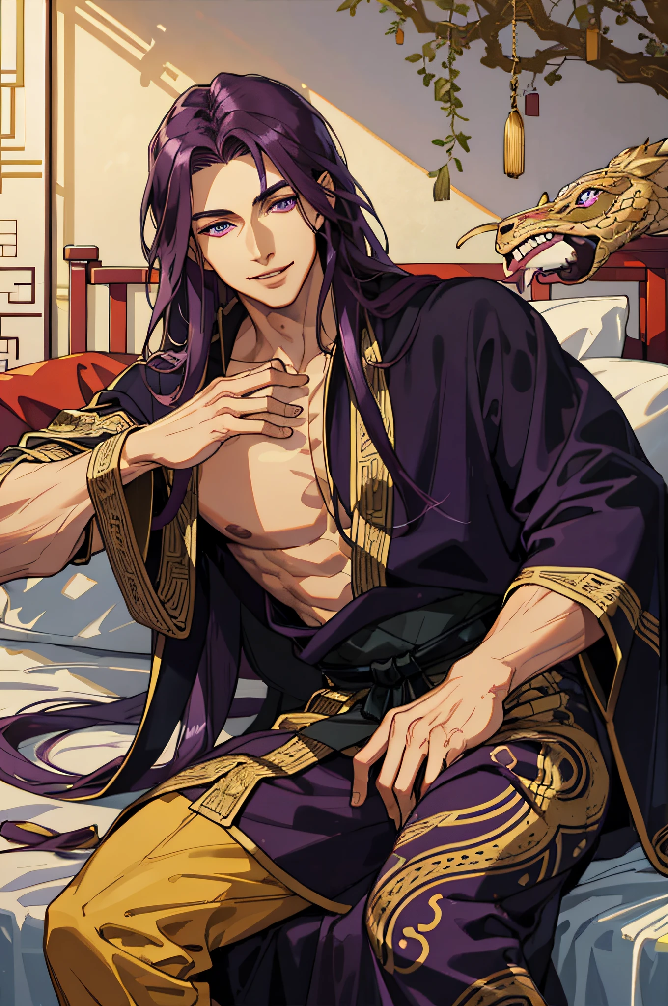 Masterpiece, best quality, 1 male, handsome, delicate eyes, intricate details, long dark purple hair, golden eyes, sitting on bed, smile, gentle smile, ancient costume, ancient Chinese, gorgeous robes, black, giant snake