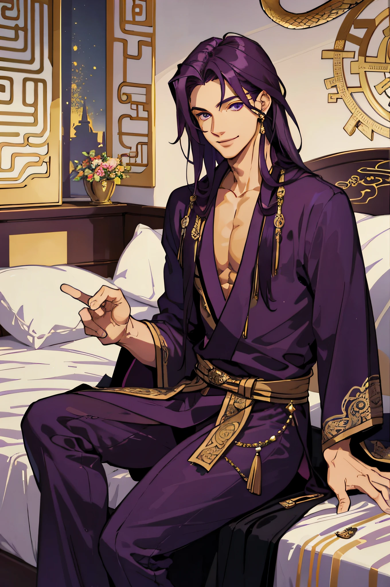 Masterpiece, best quality, 1 male, handsome, delicate eyes, intricate details, long dark purple hair, golden eyes, sitting on bed, smile, gentle smile, ancient costume, ancient Chinese, gorgeous robes, black, giant snake
