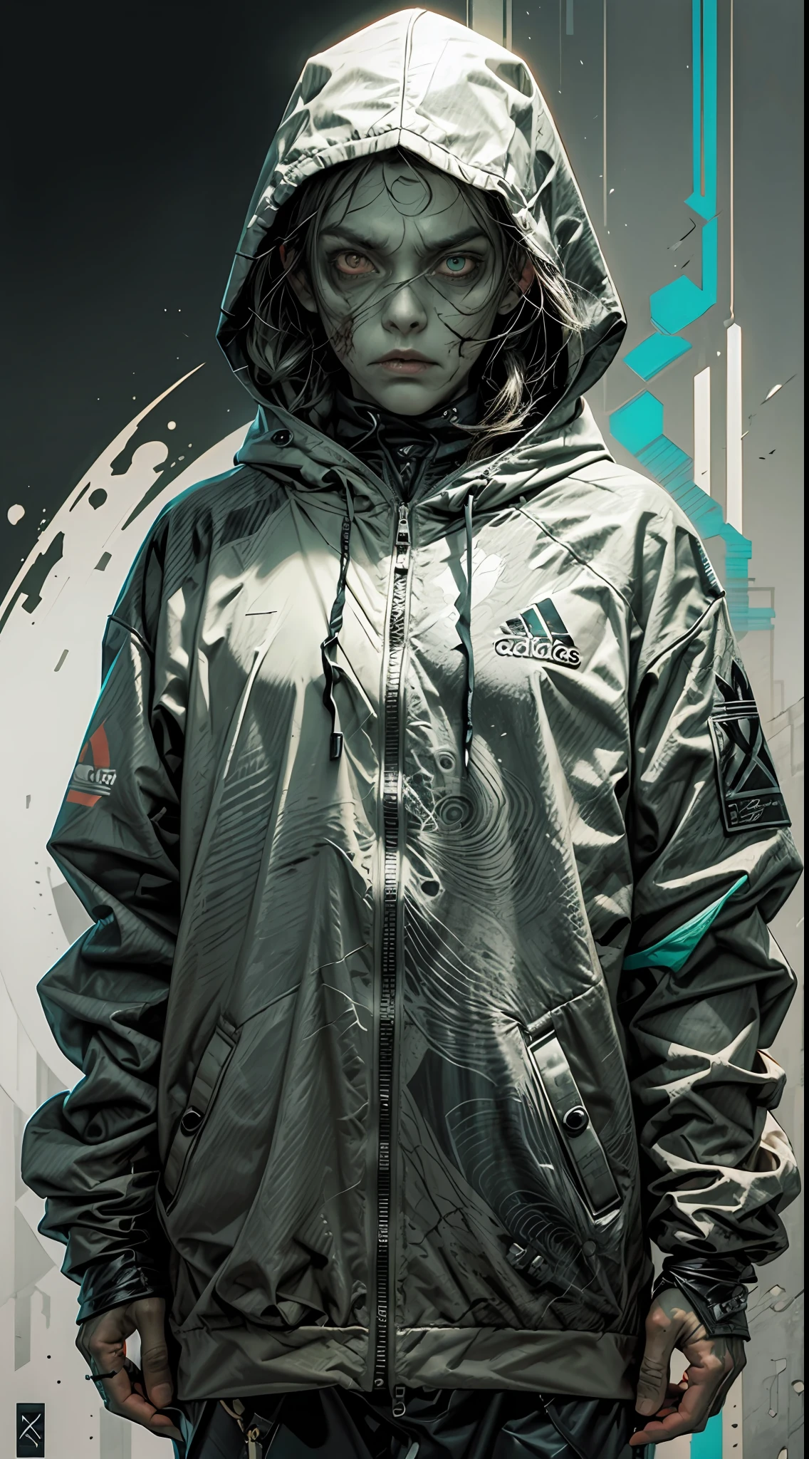 Ultra wide photo,artgem,minimalist,fashion(1 zombie decrepito cadaverico)with adidas coat and hood,abstract background