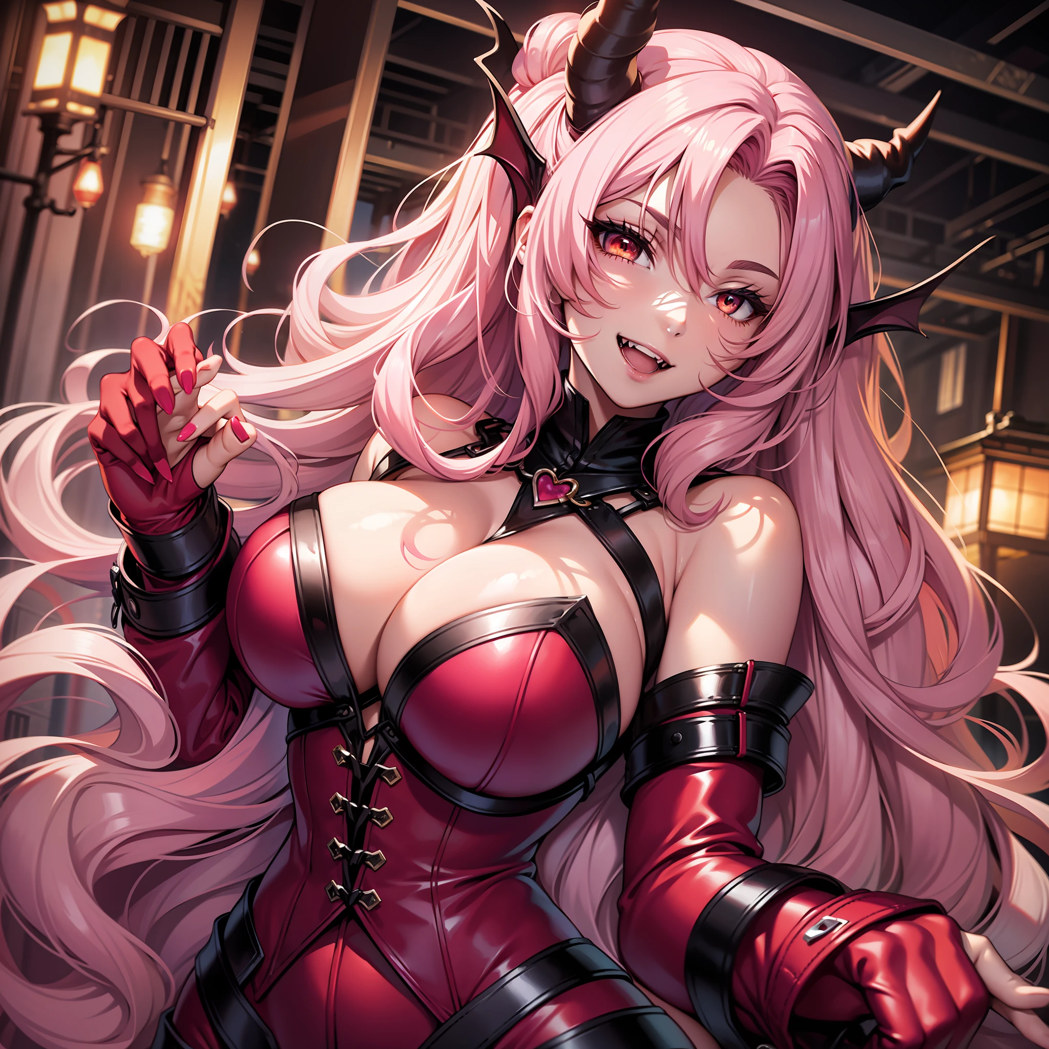 Succubus with long wavy pink hair, 23 years old, orange eyes, white skin, lilac lips, revealing red clothes, voluptuous body, playful smile, fangs