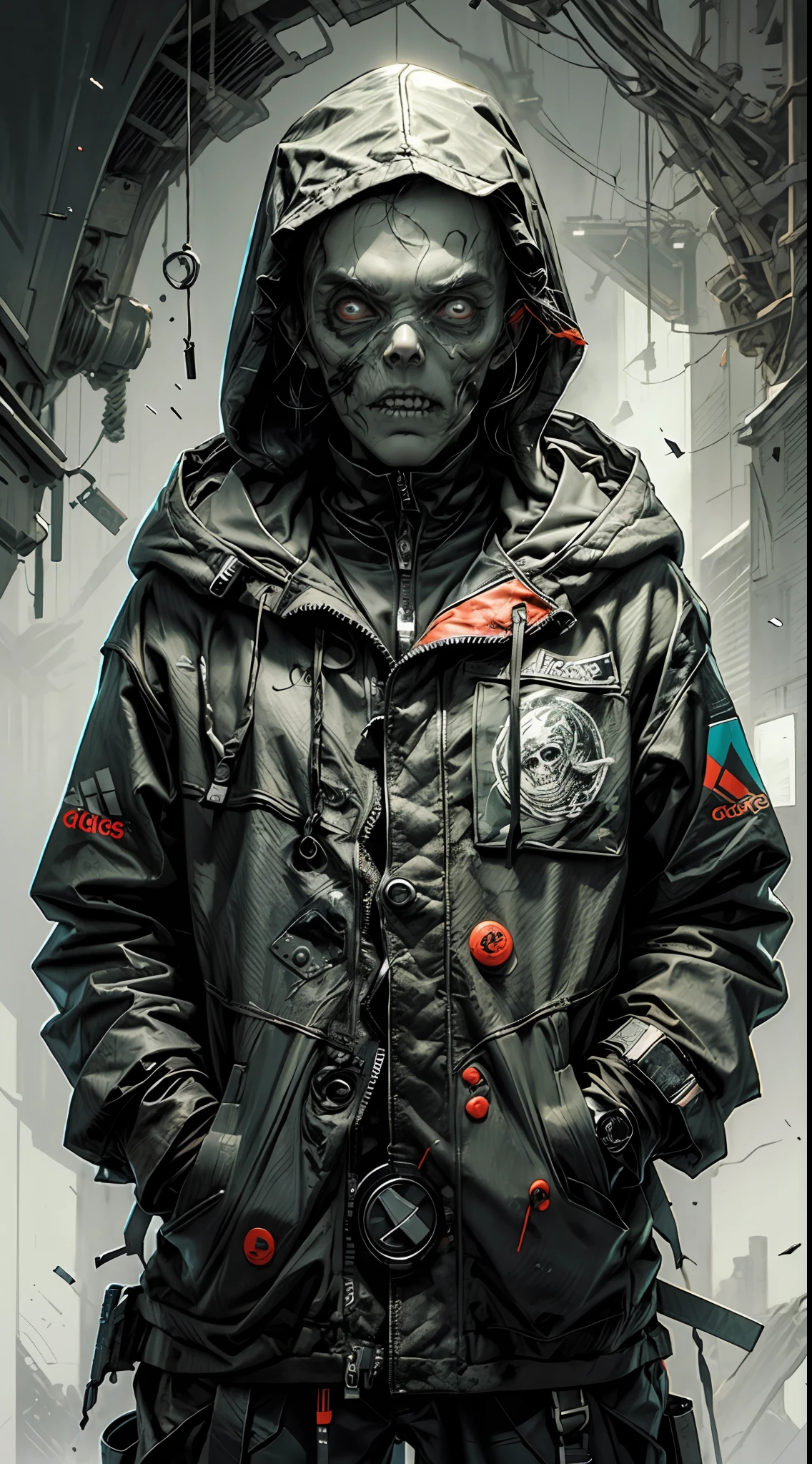Ultra wide photo,artgem,minimalist,fashion(1 zombie decrepito cadaverico)with adidas coat and hood,abstract background