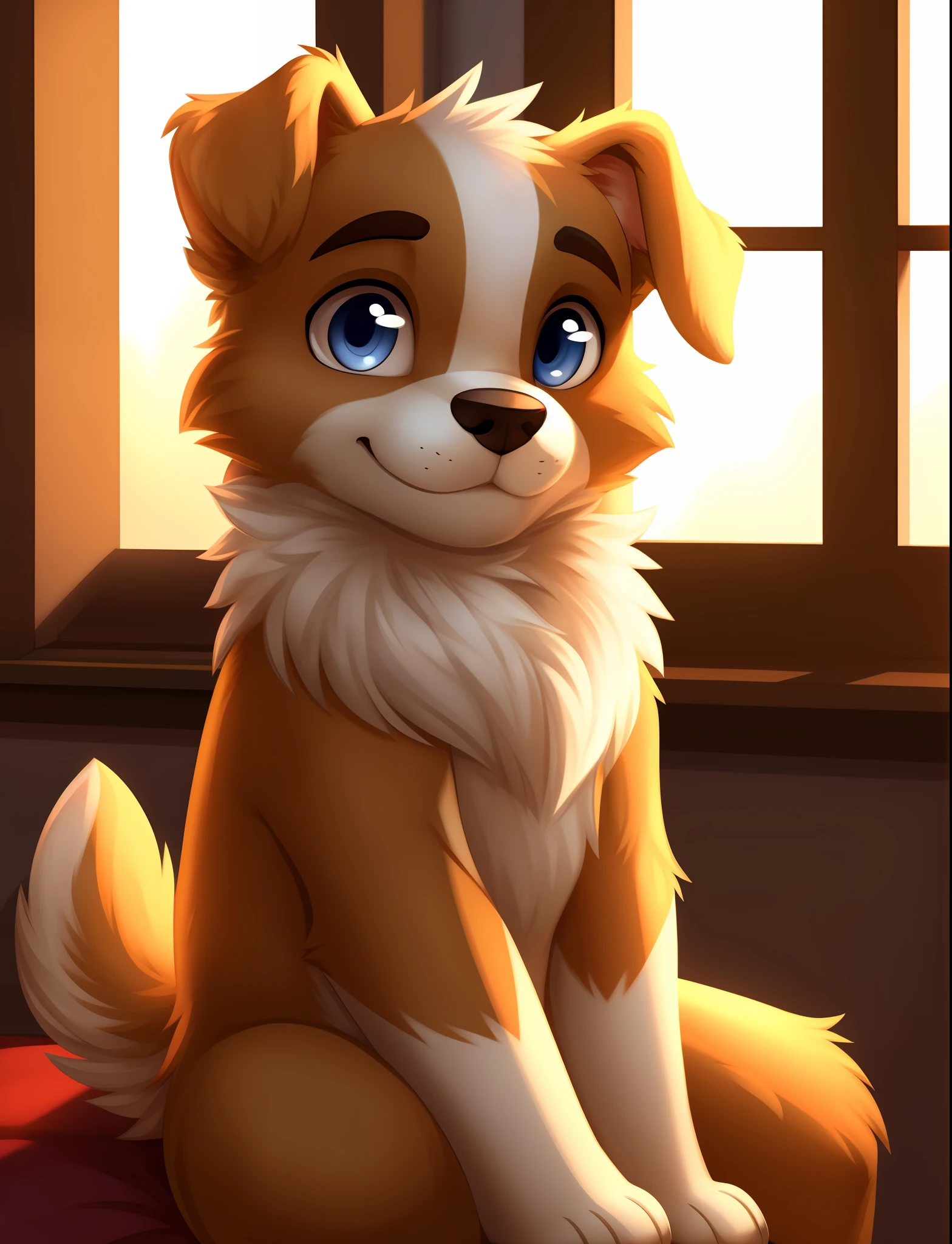 masterpiece, best quality, male, furry, dog, side of windows, perfect light,sit , adorable, looking at viewer,