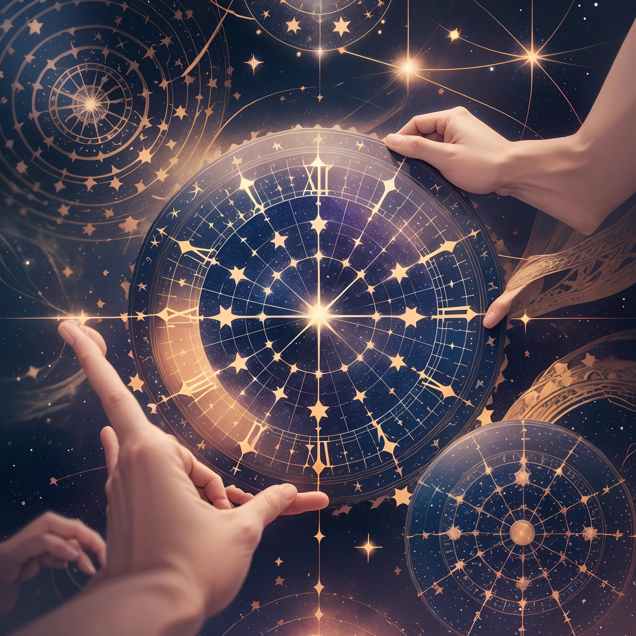 The image can show a starry sky with an astral clock, where the stars or constellations form the hands and indicate the time. This symbolic representation emphasizes the connection between time and the cosmos, highlighting the expansive and infinite nature of the universe. --auto --s2