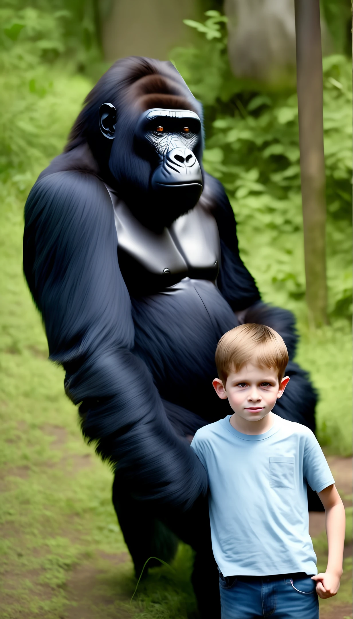 Boy with wild gorilla ready for attack very realistic