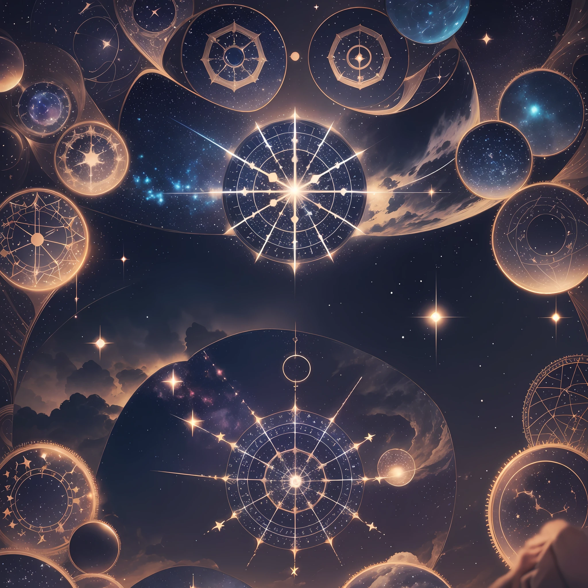 The image can show a starry sky with an astral clock, where the stars or constellations form the hands and indicate the time. This symbolic representation emphasizes the connection between time and the cosmos, highlighting the expansive and infinite nature of the universe. --auto --s2