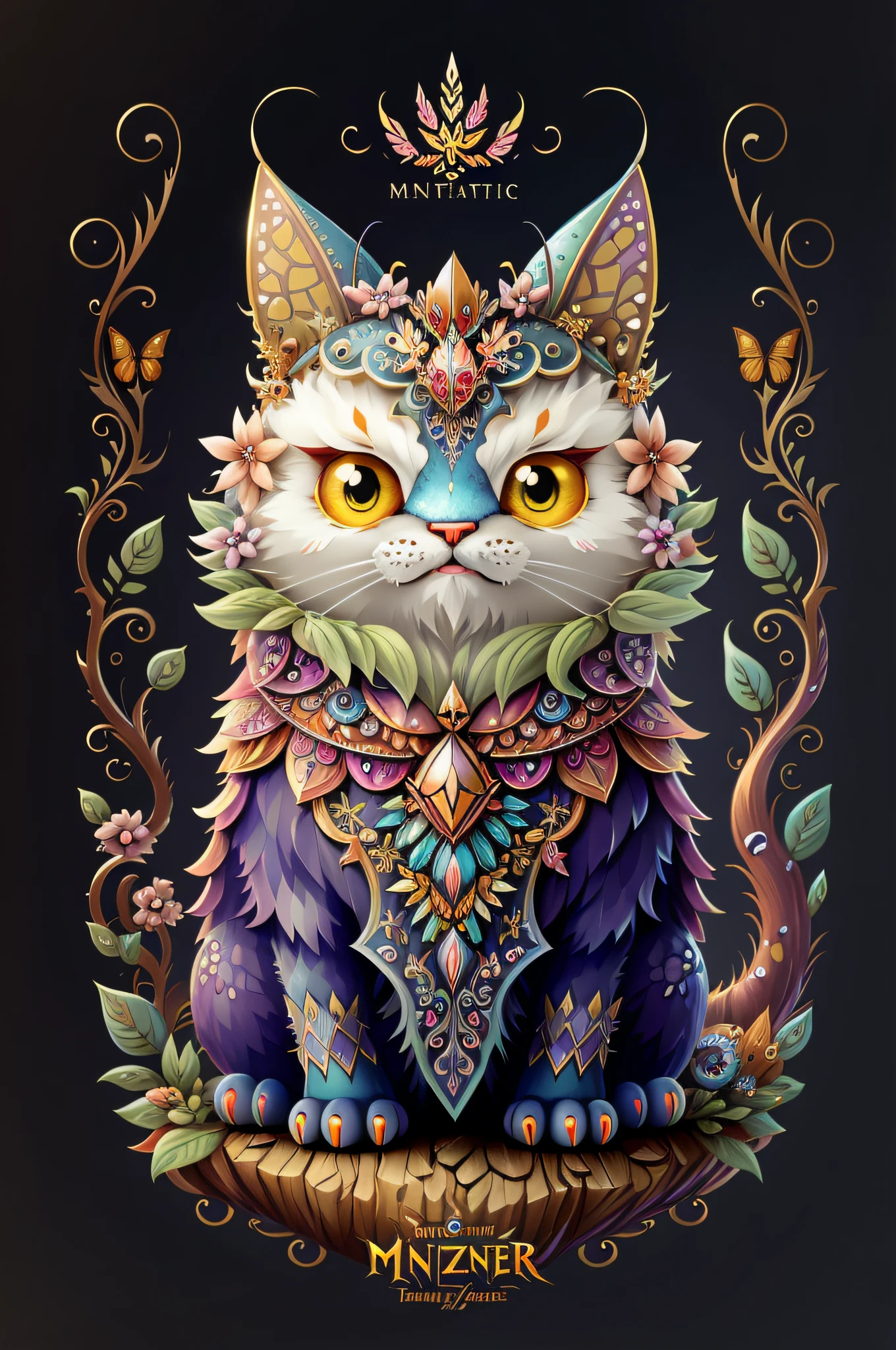 A fantz monster design, funny, ultra detailed, cute, butterfly, cat in the style of style-sylvamagic,