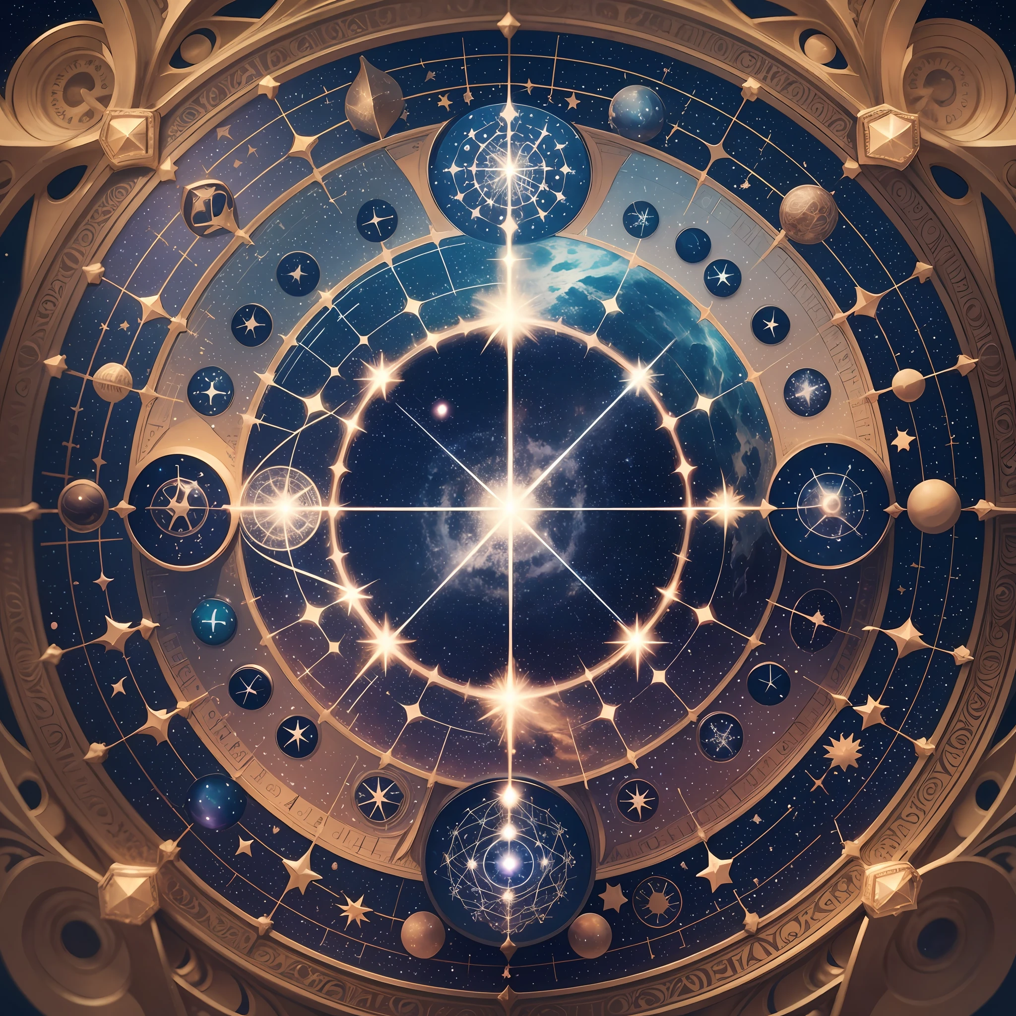 The image can show a starry sky with an astral clock, where the stars or constellations form the hands and indicate the time. This symbolic representation emphasizes the connection between time and the cosmos, highlighting the expansive and infinite nature of the universe. --auto --s2