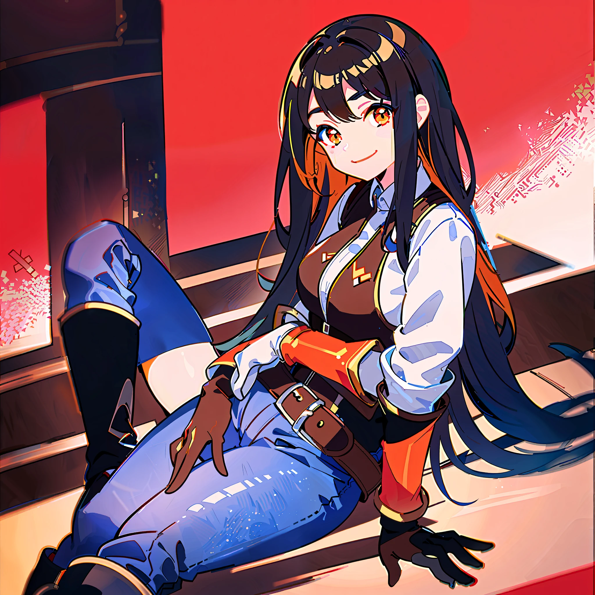 Beautiful,cute,black long hair,brow vest,white long shirt,red gloves,orange eyes,blue jeans,brown boots,deep brown belts,illustration,white background,sitting,solo,1girl,smiling