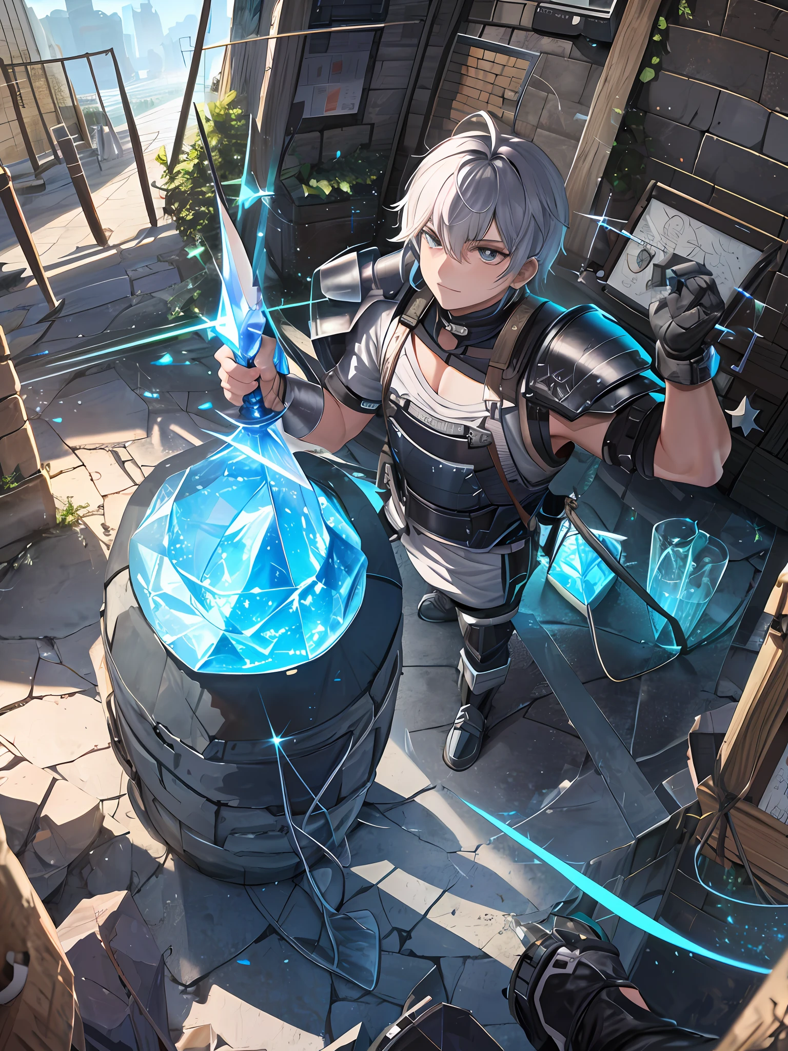 Turn this item into a character RPG cell phone film parabolic antenna half brick and half left barbed wire pet bottle 2 liters whole brick and shard of glass He wears a different armor and uses a toothed sword of barbed wire