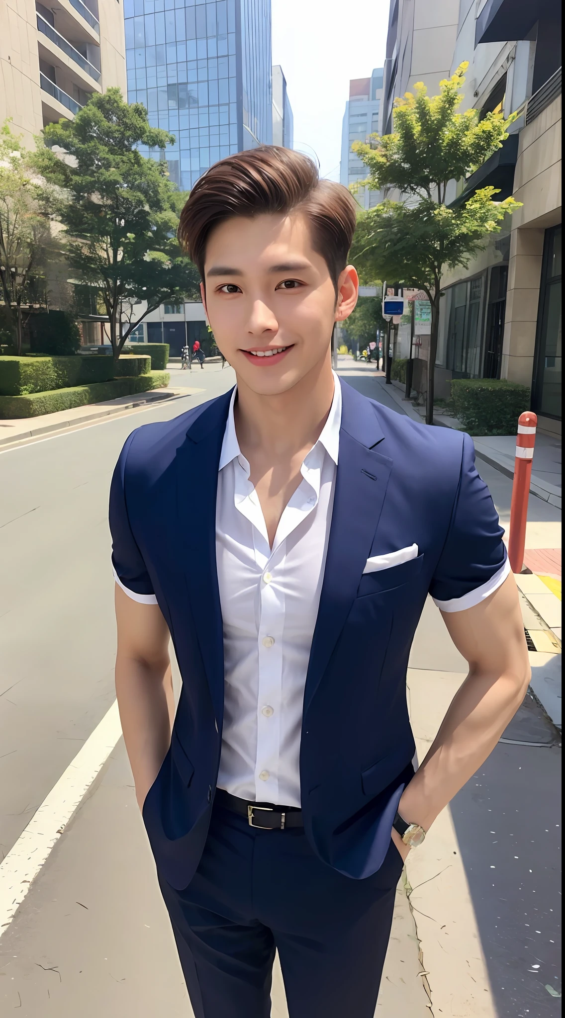 1boy, 26 years old Asian male, (male:1.5), big eyes, detailed eyes, fine face, (very short hair: 1.3), under_cut, ((shirt)), ((suit)), (handsome, sharp), smile,))), (stout muscular body), (stout physique), outdoors, detailed background, modern city, real image, empty street