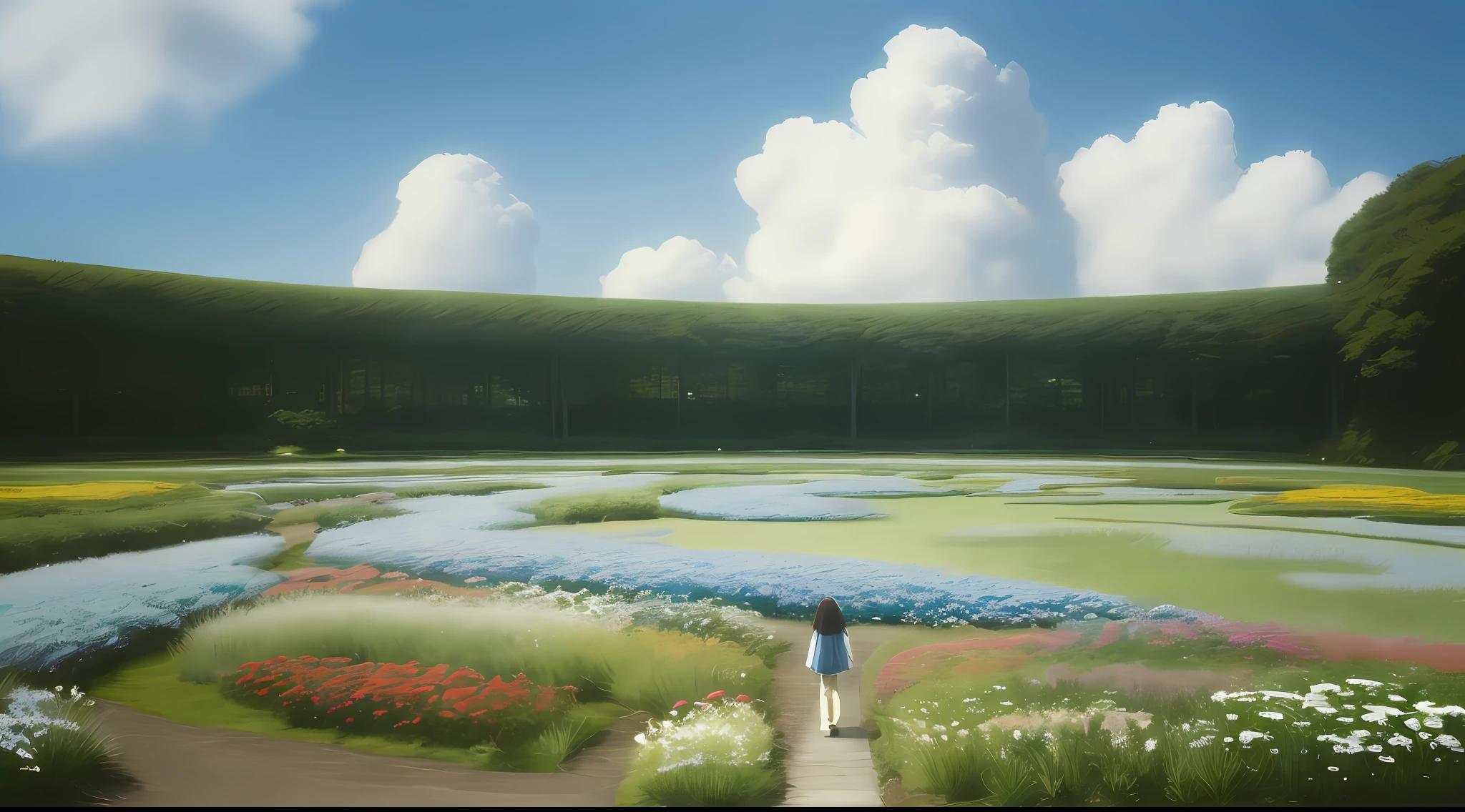 Realistic, real, beautiful, wonderful landscape oil painting Studio Ghibli Hayao Miyazaki's petal meadow with blue sky and white clouds, with a beautiful girl strolling in the center --v6