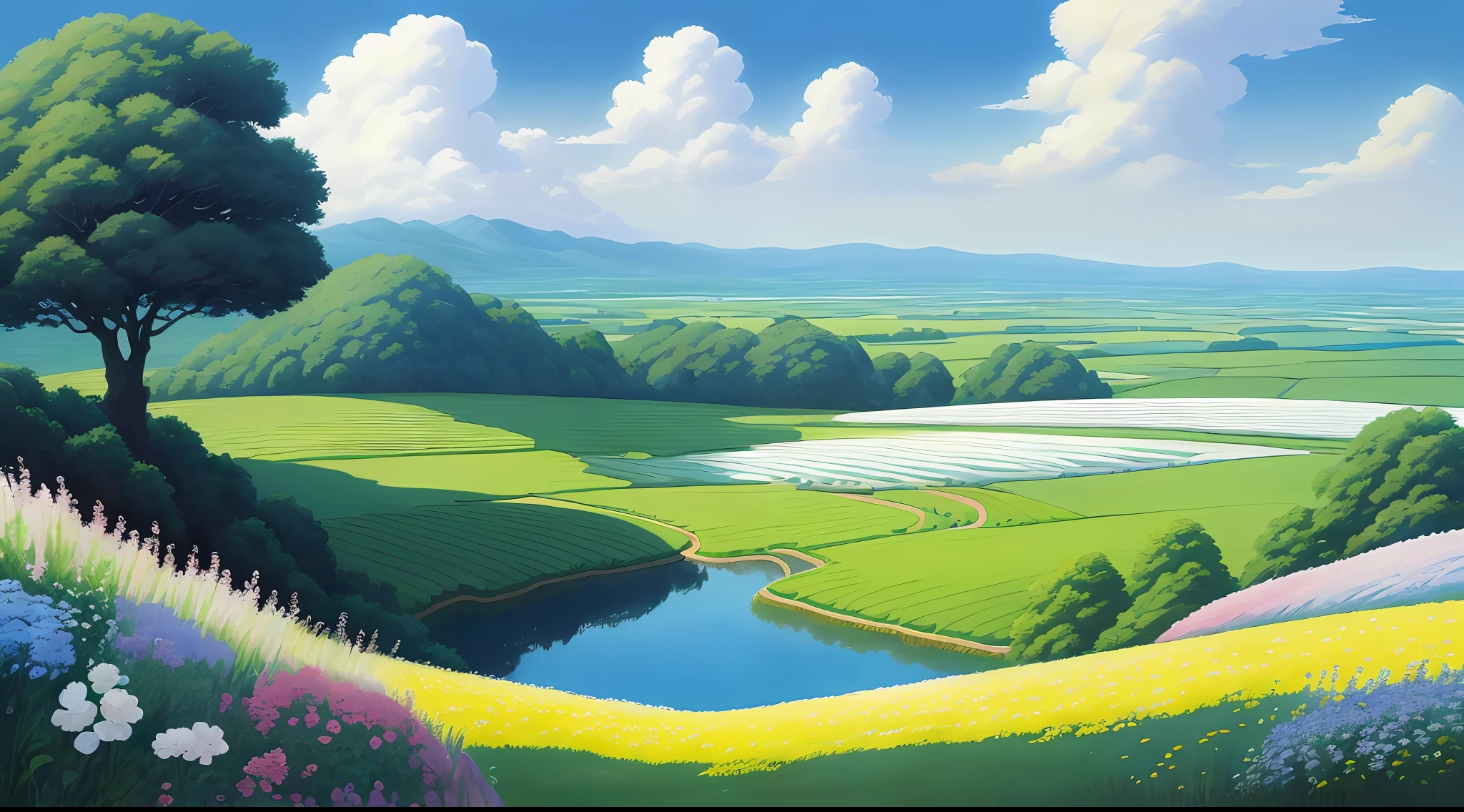 Realistic, real, beautiful, wonderful landscape oil painting Studio Ghibli Hayao Miyazaki petal meadow with blue sky and white clouds , countless horses running --v6