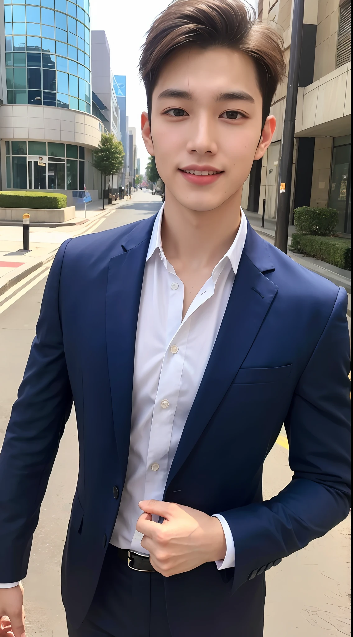 1boy, 18 years old Asian male, (male:1.5), big eyes, detailed eyes, fine face, (very short hair: 1.3), under_cut, ((shirt)), ((suit)), (handsome, sharp), smile,))), (stout muscular body), (stout physique), outdoors, detailed background, modern city, real image, empty street