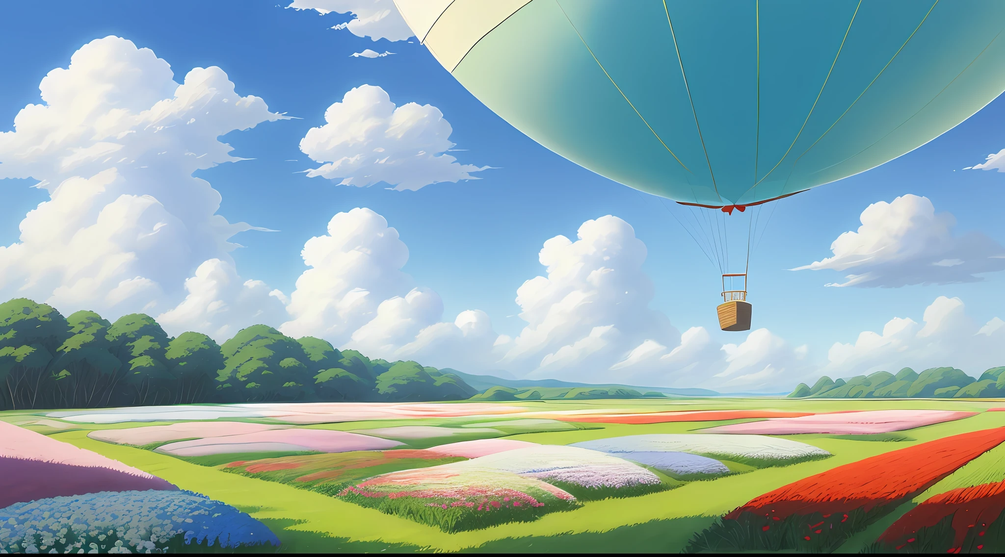 Realistic, real, beautiful, amazing landscape oil painting Studio Ghibli Hayao Miyazaki petal meadow with blue sky and white clouds, balloon flying --v6
