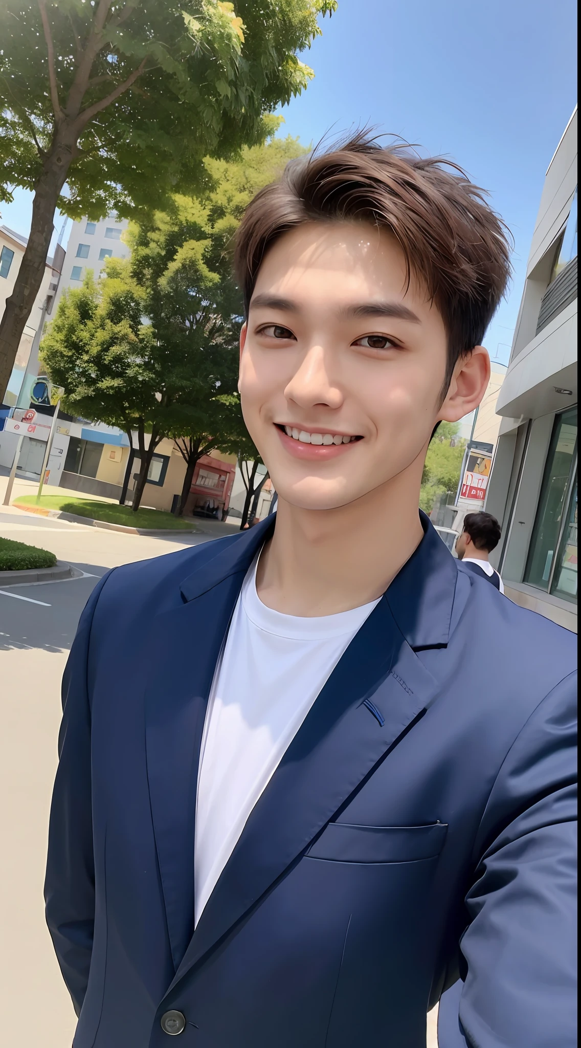 1boy, 20 years old Asian male, (male: 1.5), big eyes, detailed eyes, fine face, (very short hair: 1.3), under_cut, ((shirt)), ((suit)), (handsome, sharp), smile,))), (stout muscular body), (stout physique), outdoor, detailed background, modern city, real image, empty street