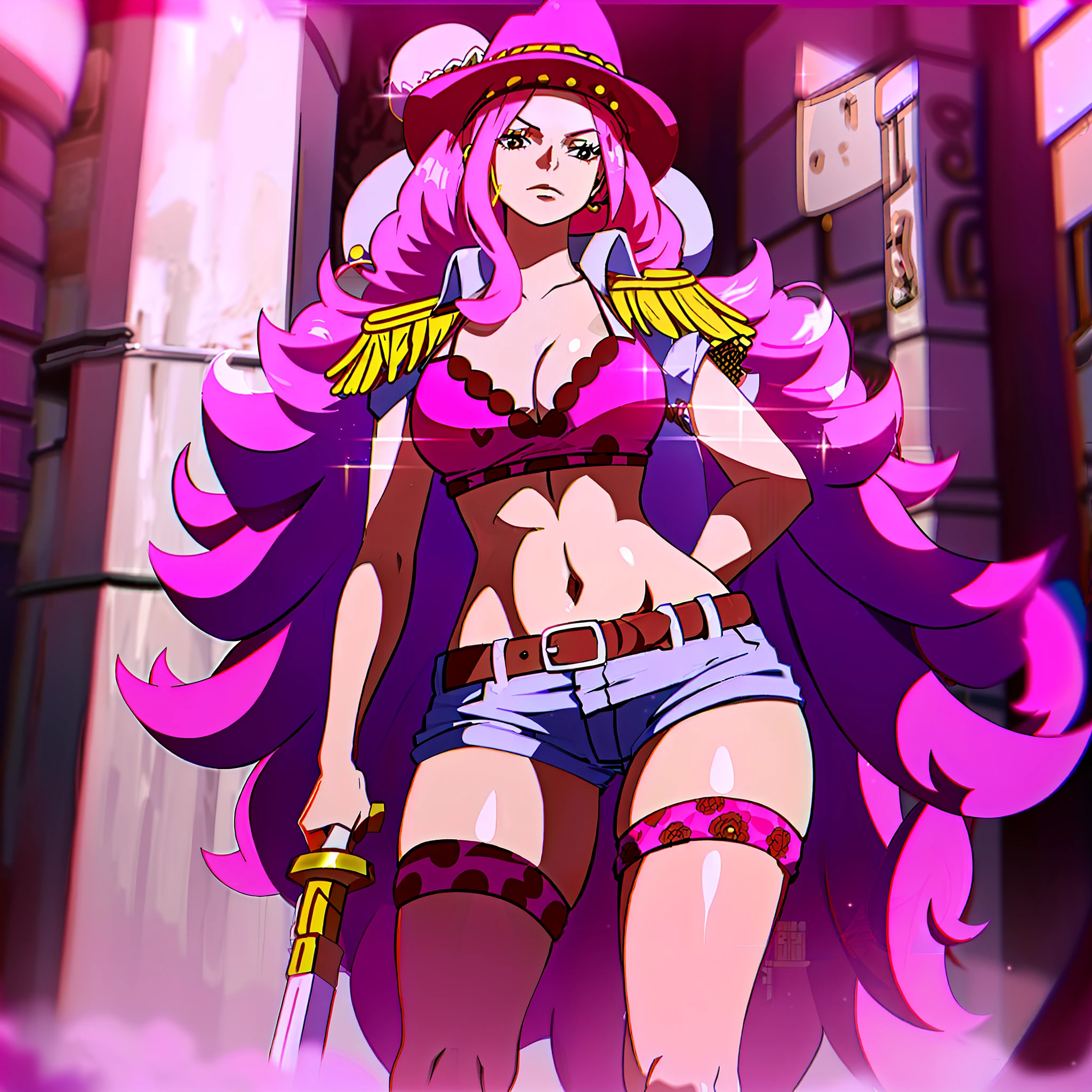 Young woman with long pink hair,large breasts and wide hips,wearing only flowery pink bra and short shorts,white boot,with a pink hat,with a sword sheathed at her waist,the hilt of the sword is golden