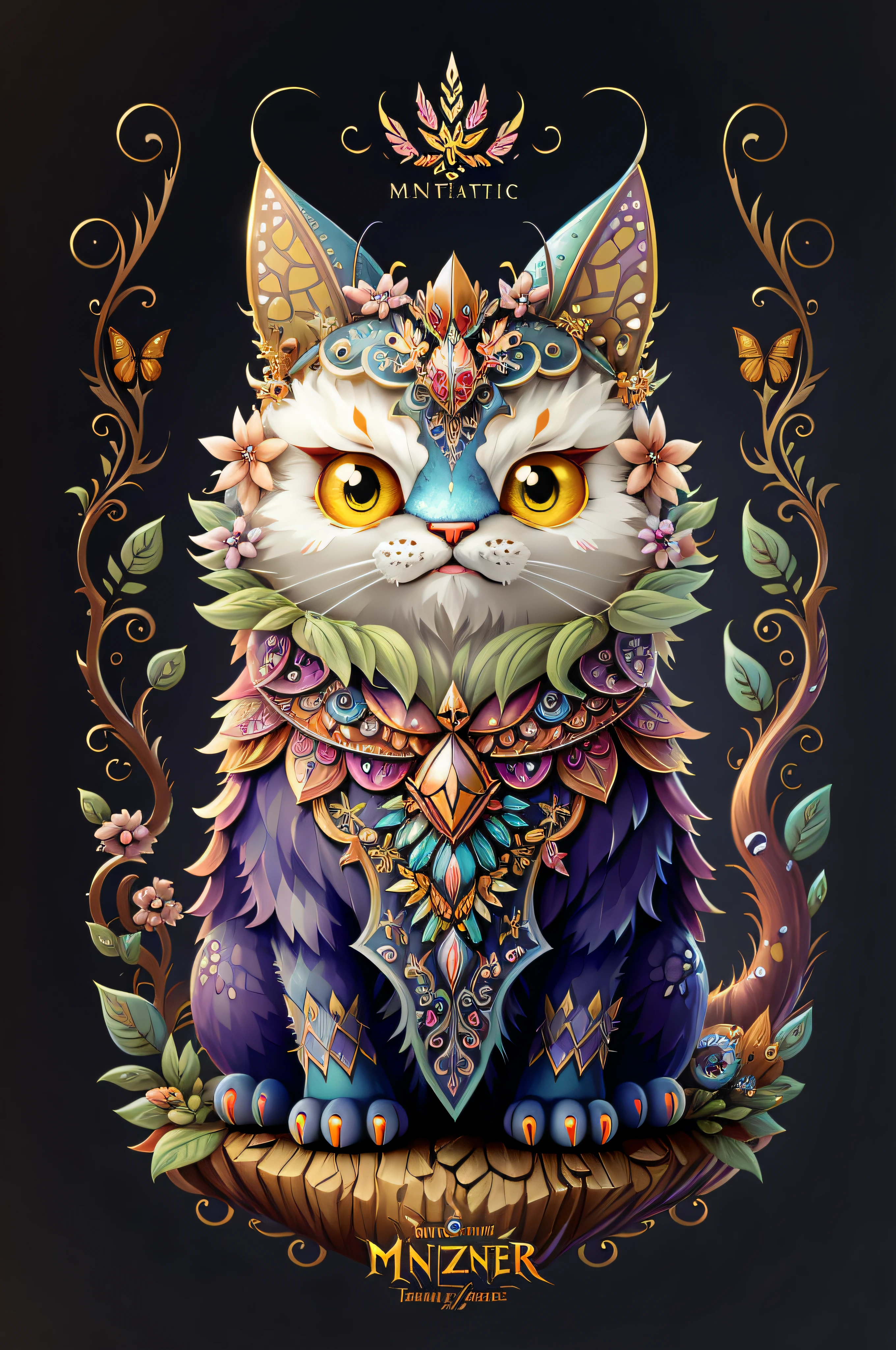 A fantz monster design, funny, ultra detailed, cute, butterfly, cat in the style of style-sylvamagic,