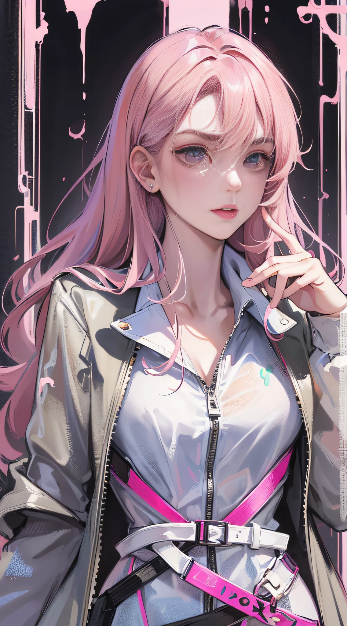(highest resolution, distinct_image) best quality, feminine masterpiece, high detail, semi-realistic, (most body), long pink hair, bangs, 18 years old, young, black fit, pink-purple flight suit, stand up collar shirt, pointed face, (tan eyes, hair between the eyebrows), fluorescent long coat (broken glass), (pure white background), cold, serious, authoritative, powerful, (standing painting), (delicate facial features, exquisite facial features)