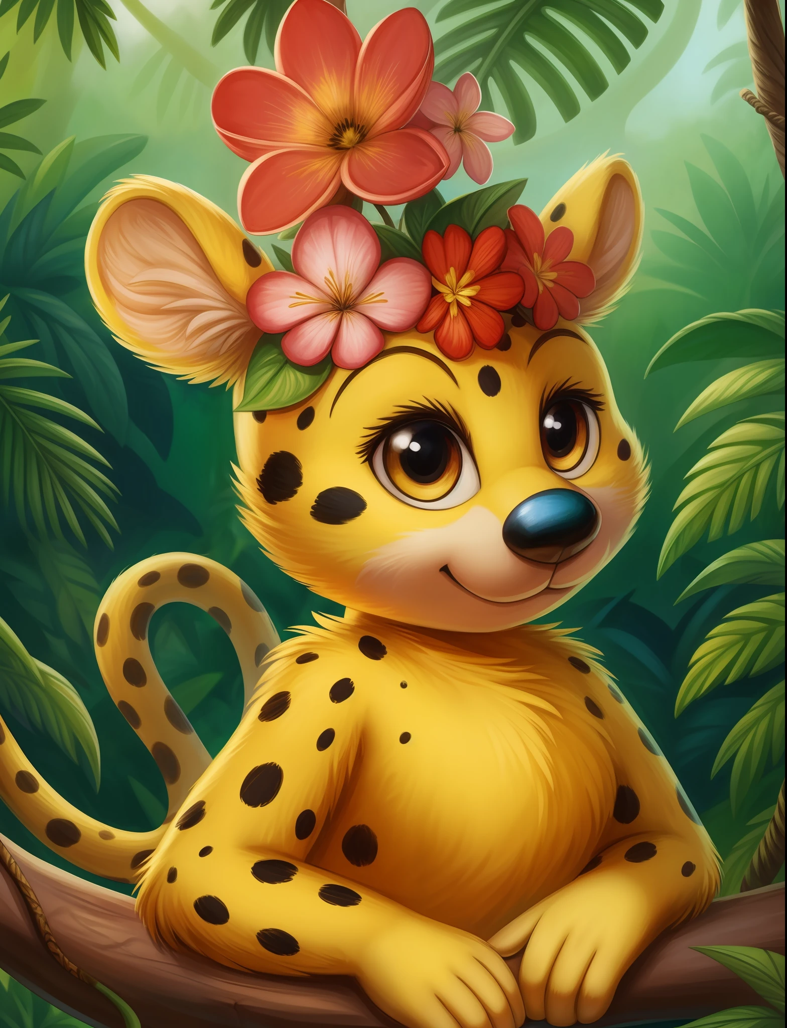 ((best quality)), ((masterpiece)), (detailed),(high-resolution:1.2), jungle background
Marsupilamie, yellow fur, black dot, long tail, flower on the top of the head