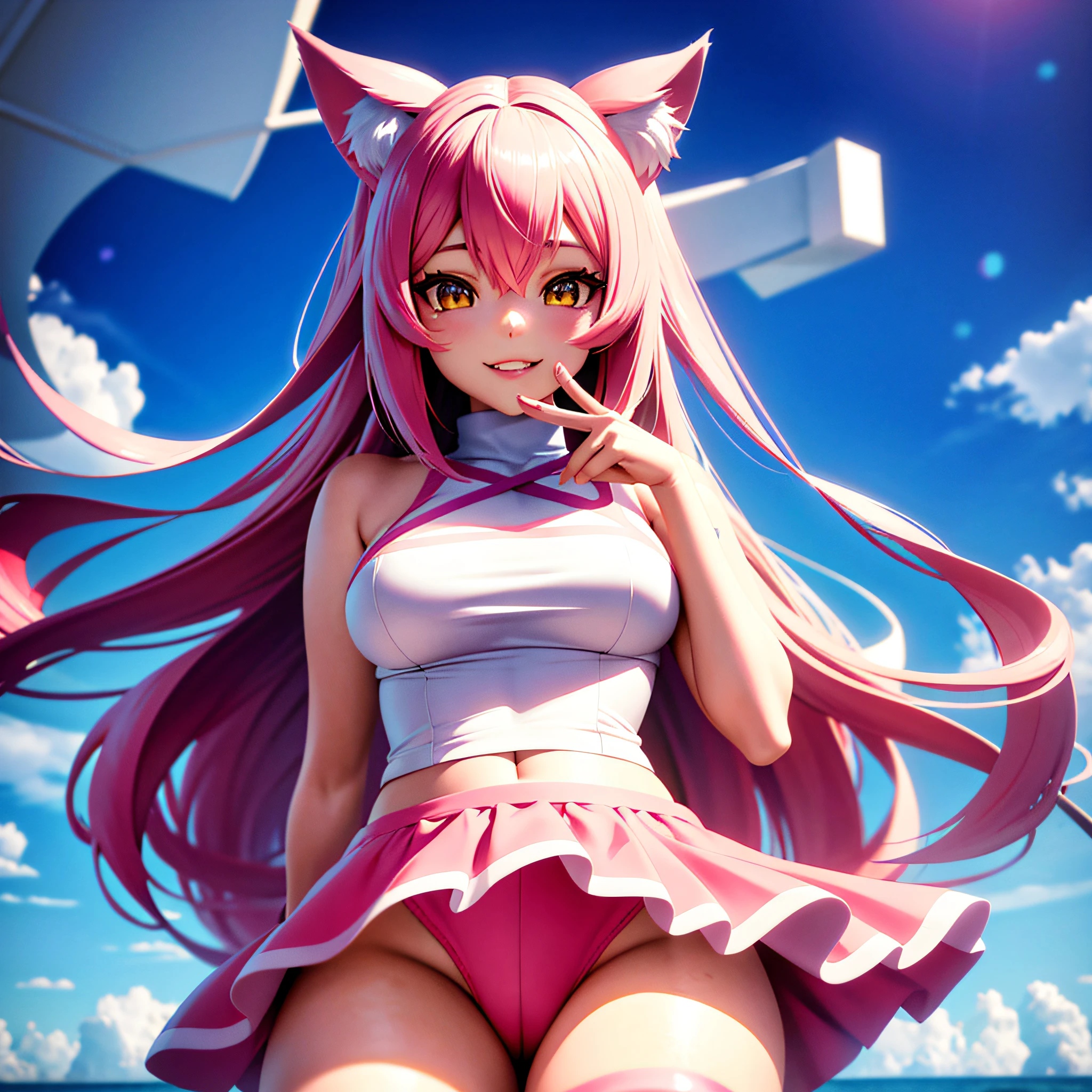 anime girl with cat ears and pink ears smiling at the camera, realistic anime 3 d style, ig model | artgerm, ahri, anime styled 3d, portrait of ahri, artgerm on artstation pixiv, anime girl with cat ears, 3 d anime realistic, artgerm ; 3d unreal engine, anime style. 8k