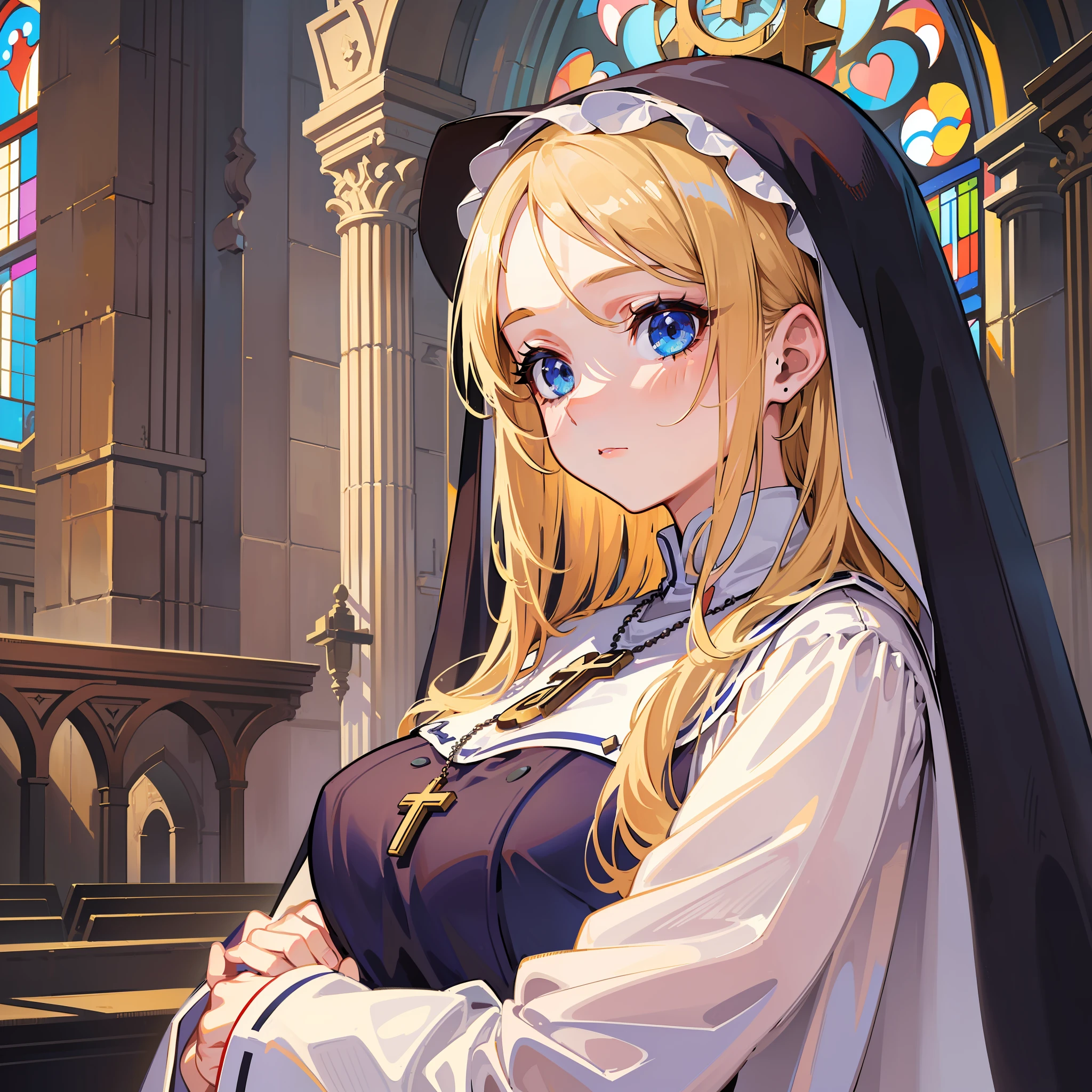 (masterpiece, best quality, super detail, illustration, 1girl) Nun, long blonde hair, visible forehead, fringes hidden behind her ear, blue eyes, praying hands, sun vanishing the environment with comfortable lighting, innocent and flawless face, medium breasts, cross necklace around her neck, Christianity, Church in the background