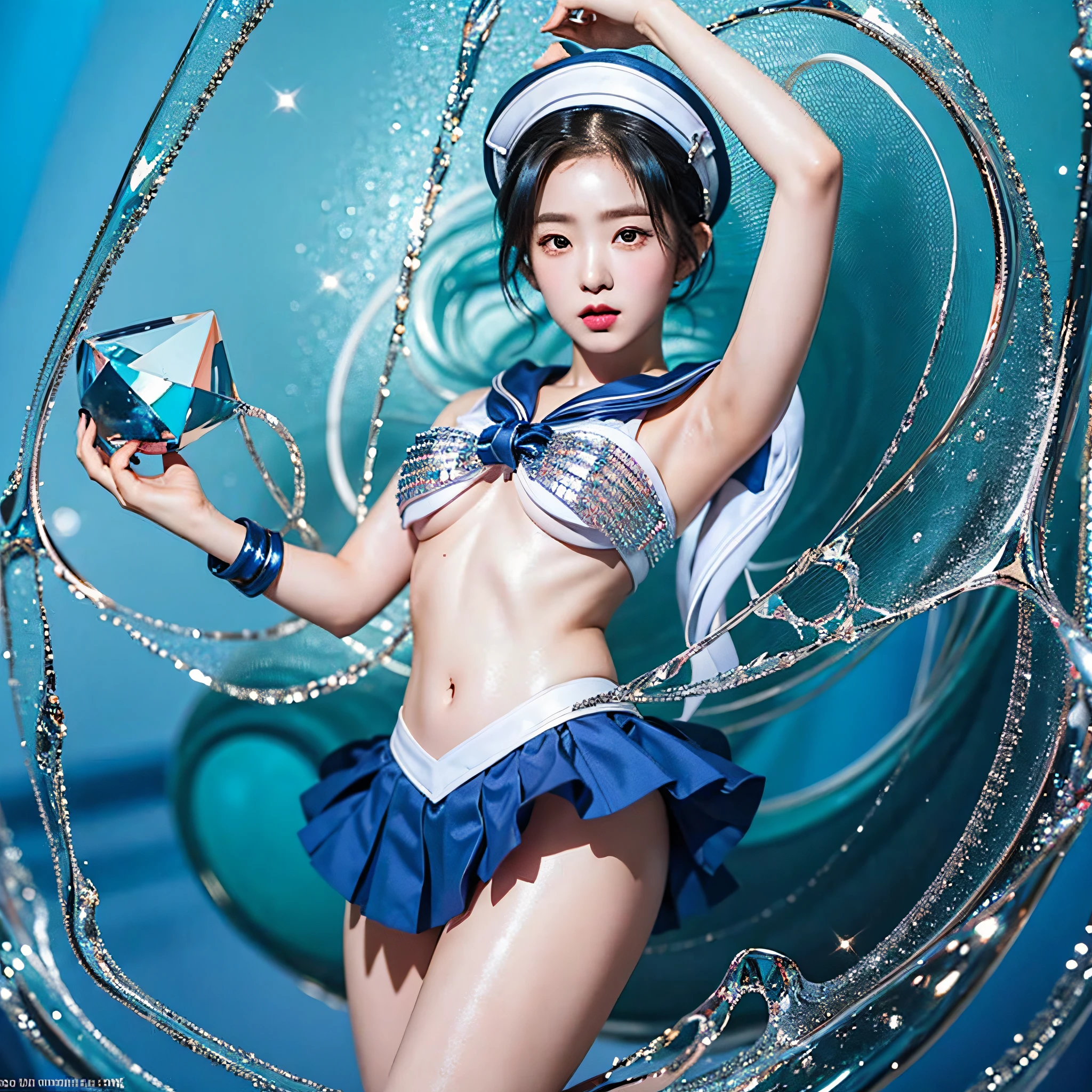 Exposed breasts, blue stockings, humiliated by viscous liquid, best quality, masterpiece, super high resolution, (realism: 1.4), original photo, 1girl, (Sailor Moon: 2.1) ((Ami Mizuno/Sailor Crystal, Sailor Mercury)), a blue headdress with a small white crystal decoration in the middle, short hair, short blue hair, vibrant blue eyes, short skirt, looking at the viewer, pool of viscous liquid in the background, dynamic pose
