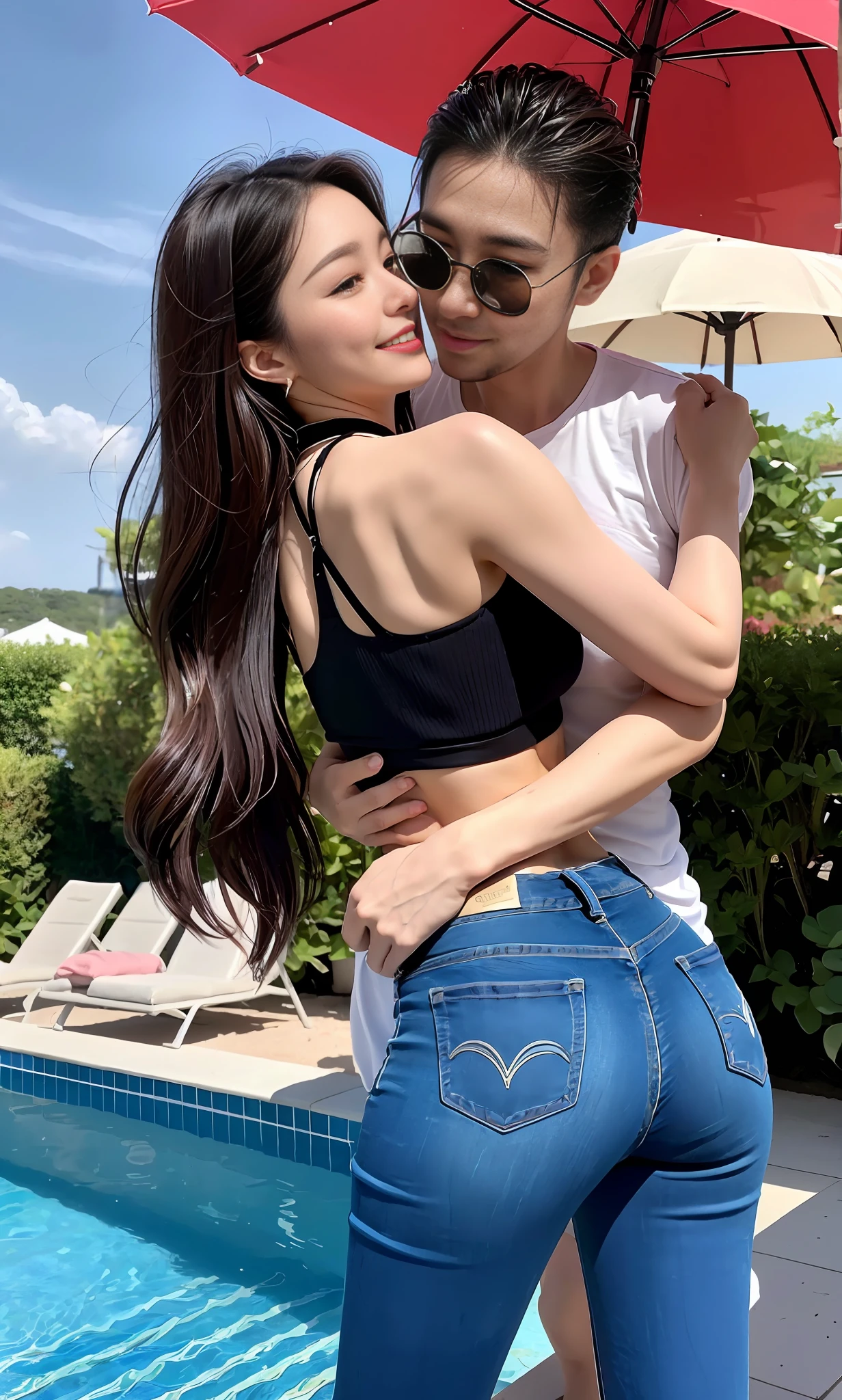 1 man, 1 woman, (male model touching buttocks from the back, hugging female model, kissing cheek, intimate relationship: 1.2), Araf woman in pink top and jeans dancing with handsome male model, Korean female fashion model, photo of slim girl model, wearing tight simple clothes, thin waist and thick buttocks: 1.1, gorgeous young Korean woman wearing sexy cropped top in crop top with crop top, Korean girl, casual clothing style, 2 4 year old female model, beautiful Korean woman, HD, 16k, Realistic, small round face: 1.0, realistic perfect face and skin, detailed beautiful glasses, double eyelids, long eyelashes, swollen eyes, realistic face and eyes, facial light, super detailed facial details, lip gloss, blush: 1.0, brand open crop top (pink, open V-neck, super realistic detailed clothes: 0.8, huge boobs: 1.5, perfect breasts and nipple bulge: 1.5), high-end brand skinny jeans ((super realistic detailed jeans: 0.6)), Perfect big boobs, perfect breasts, perfect waist, perfect buttocks, (enchanting, beautiful, sexy: 1.0), (round calves: 1.2), (white and tender toes: 1.2, wearing high-end designer crystal sandals (stiletto heels: 0.5)), realistic and stylish shawl hair, shoulder length: 1.0, smiling teeth: 1.0, handsome male model: 1.0, private shooting, private shooting, background ((super luxurious yacht, green venue, buffet table, swimming pool, Poolside umbrellas and beach chairs)), dancing with a male model: 1.2, beautiful dancing: 1.5, autofocus: 1.2, various poses, shooting full body: 1.5