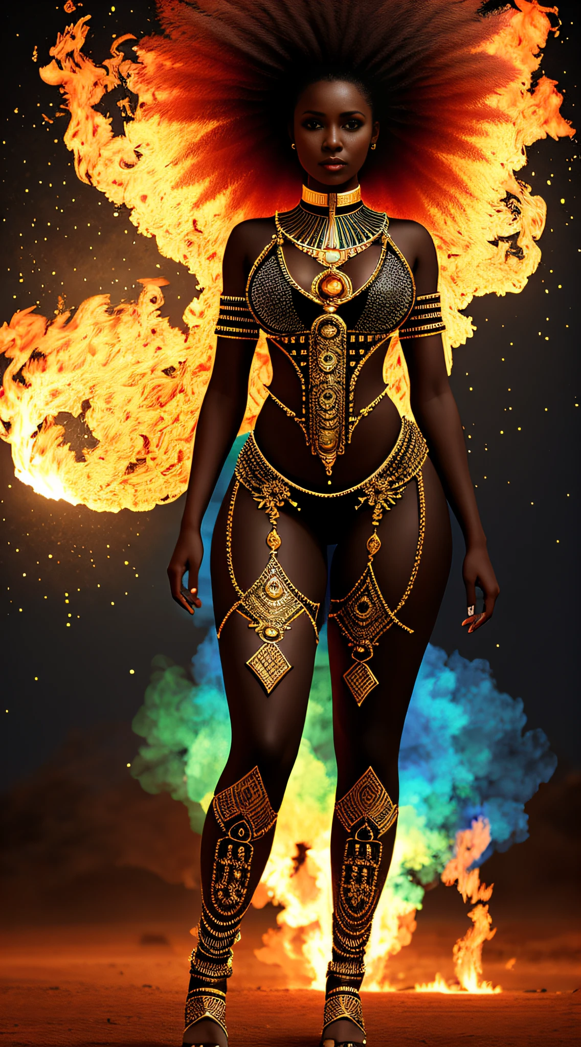 create Mpule Kwelagobe in Full body photography of the most beautiful artwork in the world, a beautiful black woman in intricate costume burning in the desert, rainbow colors, ArtStation, CGSociety, complex, high detail, clear focus, dramatic, realistic pictorial art trends Greg Rutkovsky