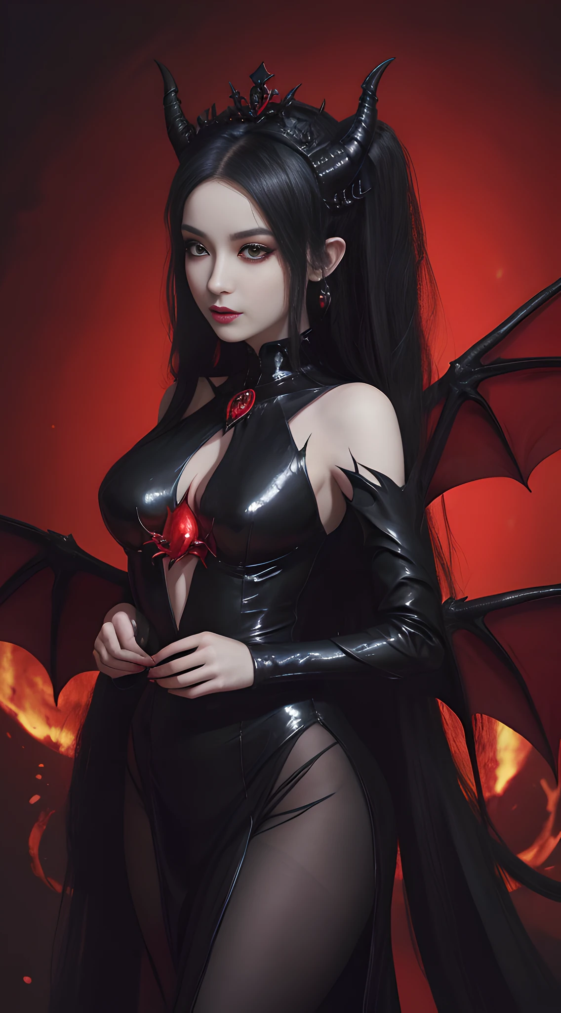 A woman dressed in black and red with a red dragon on her chest, concept art inspired by CGsociety competition winner Anne Stokes, fantasy art, succubus | Middle Ages, beautiful succubus, beautiful and elegant demon queen, succubus, villain with black angel wings, demon, diablo 4 Lilith, queen of hell, queen of the underworld, next to flame, thunderbolt, unified 8k wallpaper, super detailed, beautiful, beautiful, masterpiece, best quality