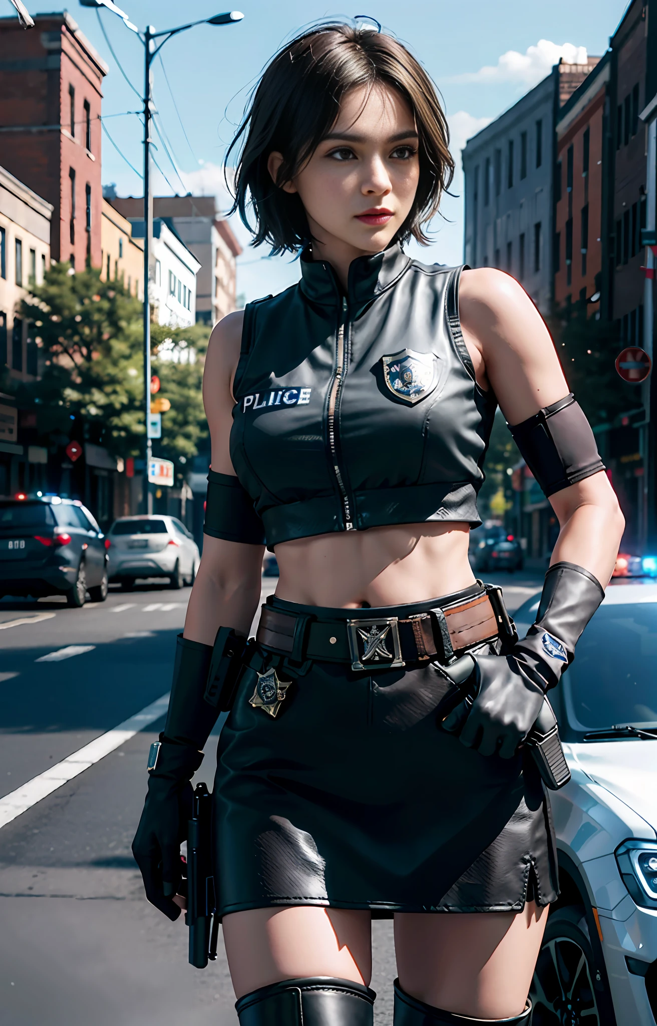 Official art, extremely detailed CG Unity 8k wallpaper, best quality, masterpiece, high resolution, beautiful girl criminal cop, short hair, black crop top vest, brown belt, pistol holster on thigh, body armor, tactical gloves, black minileather skirt, police uniform style, black long tube flat boots, police badge on chest, police car