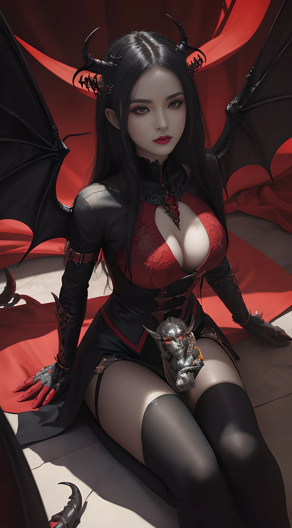 A woman in black and red with a red dragon on her chest, big breasts, concept art inspired by CGsociety competition winner Anne Stokes, fantasy art, succubus | Middle Ages, beautiful succubus, beautiful elegant demon queen, succubus, villain with black angel wings, demon, diablo 4 Lilith, queen of hell, queen of the underworld, next to flame, thunderbolt, unified 8k wallpaper, super detailed, beautiful, beautiful, masterpiece, best quality