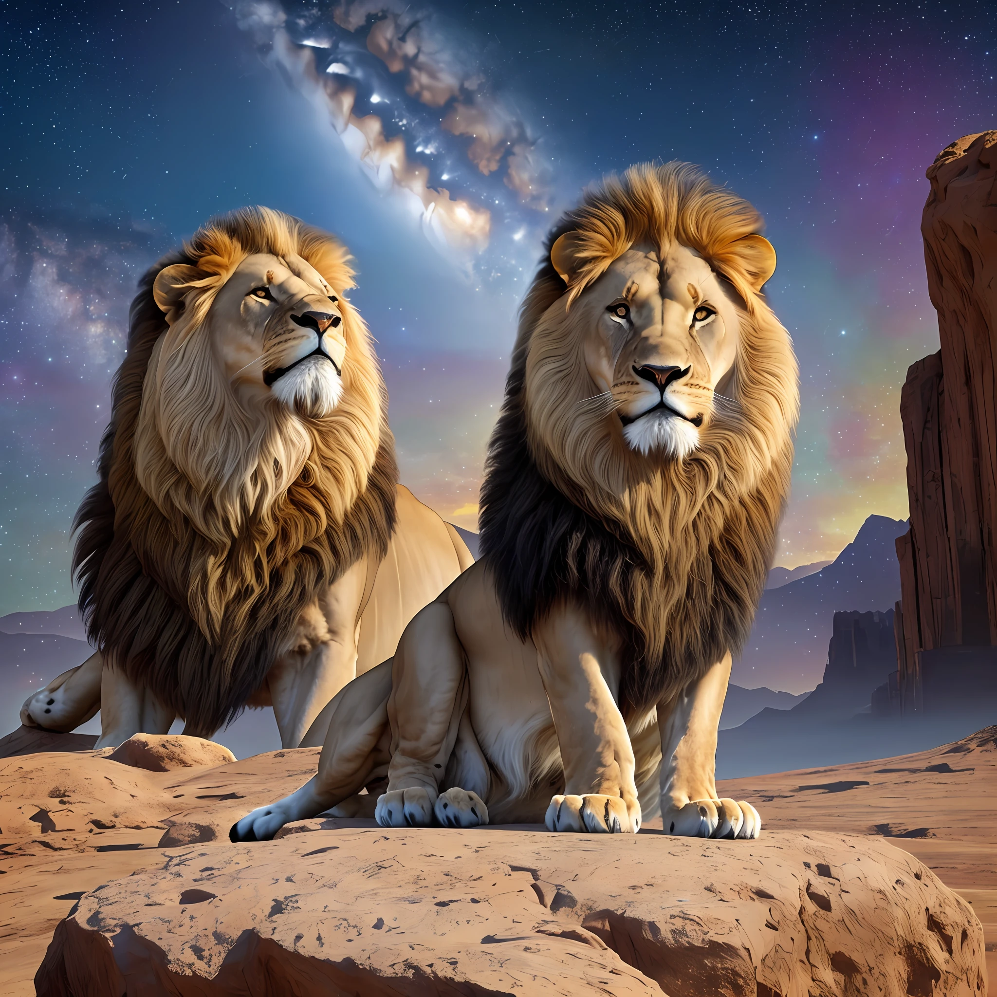 Photograph taken from afar of a lion with an expression of grandeur, on top of a rock, with background nebula ((best anatomy)) hyperrealism, realism, proportional, total quality, stylized --auto --s2