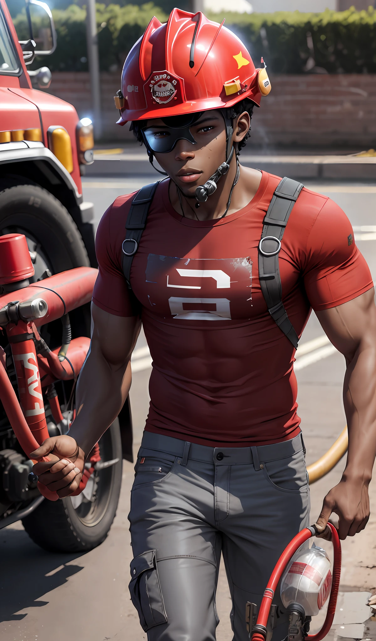 firefighter, realistic, 4k, cinematic, anime, boy, Negroid cute, 22yo, charismatic, helmet, (red T-shirt) and (gray pants,) hoses and water