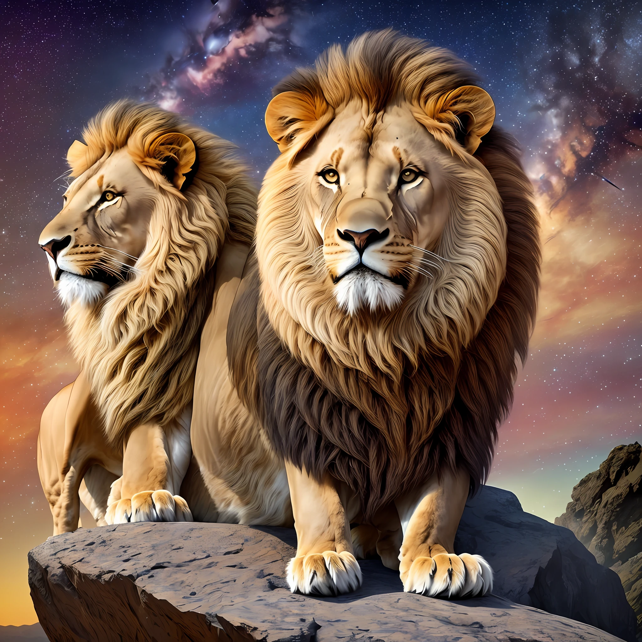 Photograph taken from afar of a lion with an expression of grandeur, on top of a rock, with background nebula ((best anatomy)) hyperrealism, realism, proportional, total quality, stylized --auto --s2