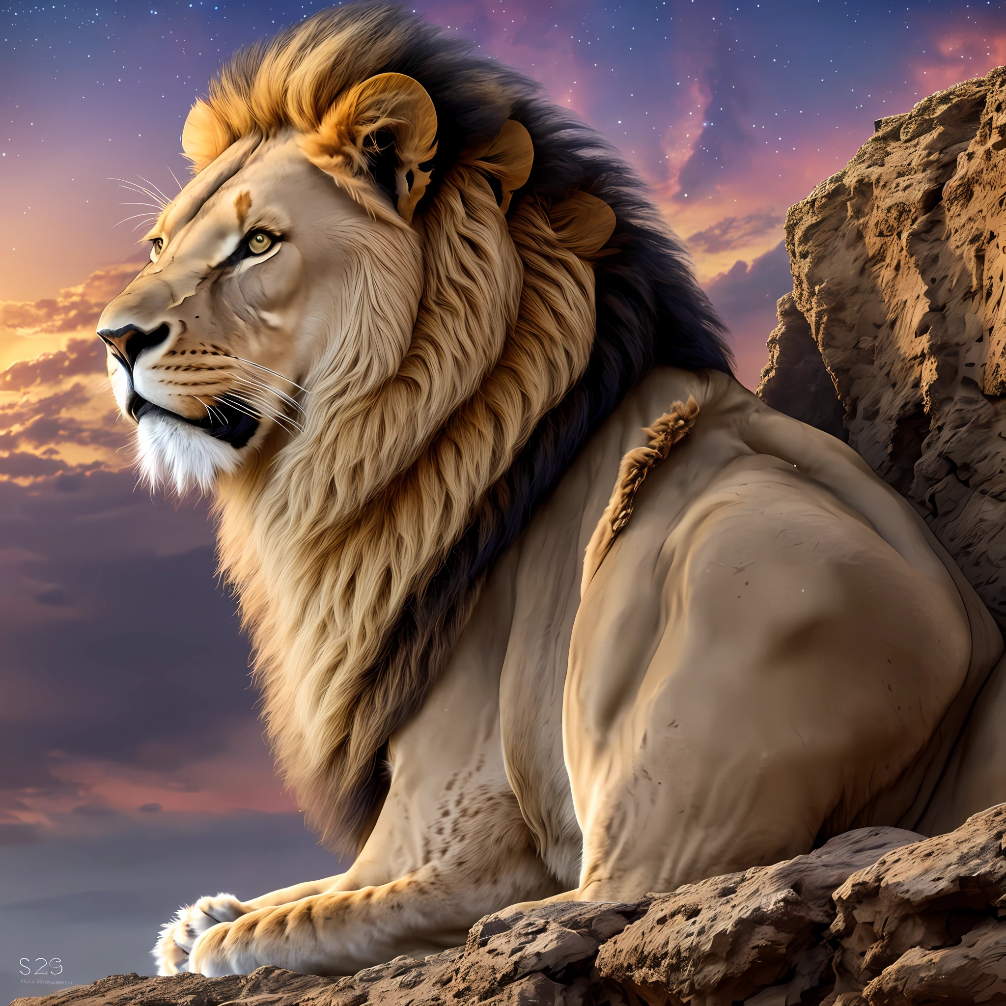 Photograph taken from afar of a lion with an expression of grandeur, on top of a rock, with background nebula ((best anatomy)) hyperrealism, realism, proportional, total quality, stylized --auto --s2