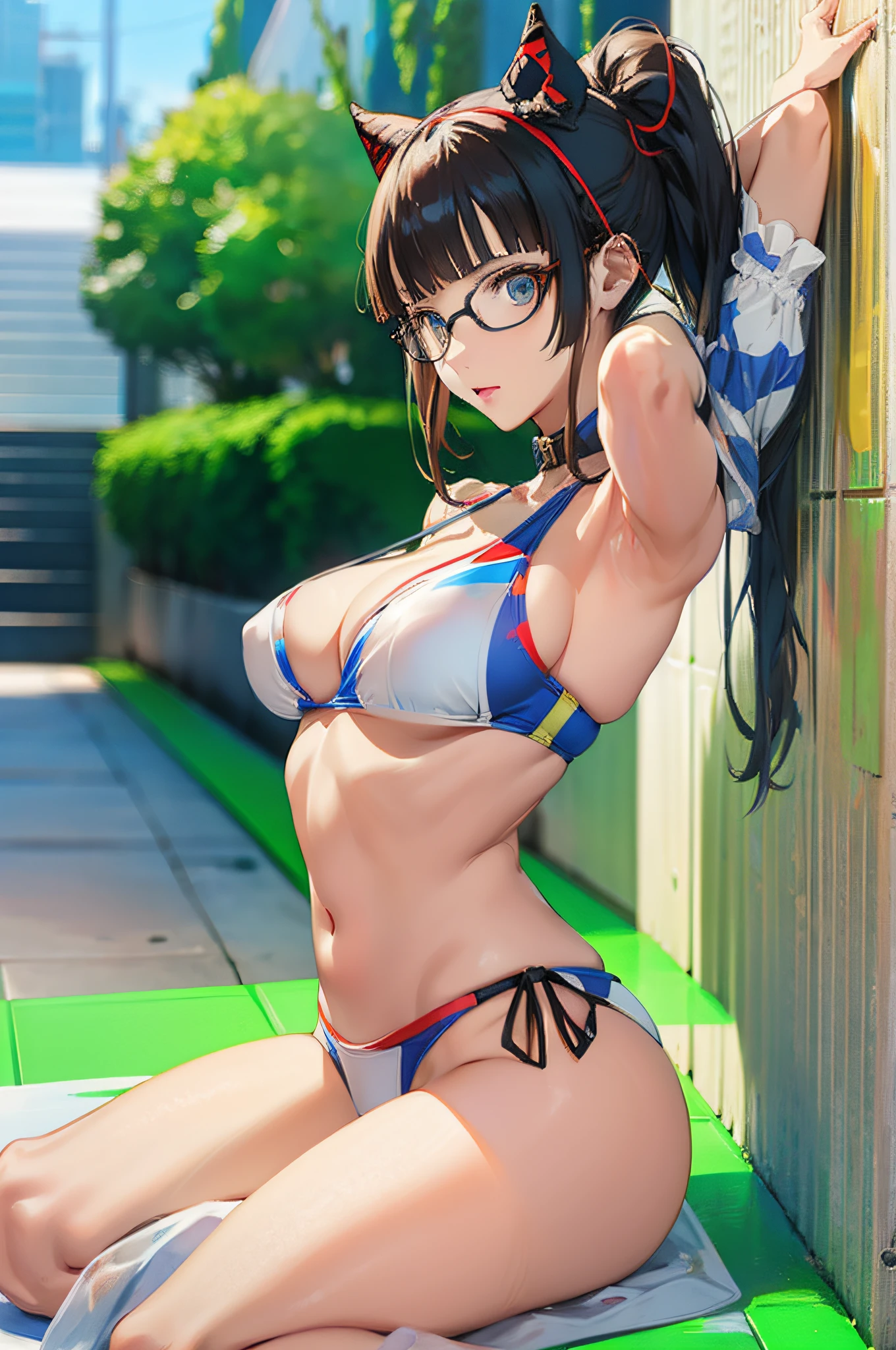 Persona 5 Art Style wlop, Persona 5 Art Style, Persona 5 Style, Kasumi Yoshizawa, Girl in Swimsuit, Full Length Portrait, High Image Quality, Ponytail, Small Breasts, Bangs, Smooth Thighs, Patsun, Top Quality, Ultra High Definition, Fine Eyes, Slender Legs, Fine Beautiful Eyes, 8K, White Bikini, Huge Ass, Blue Hair