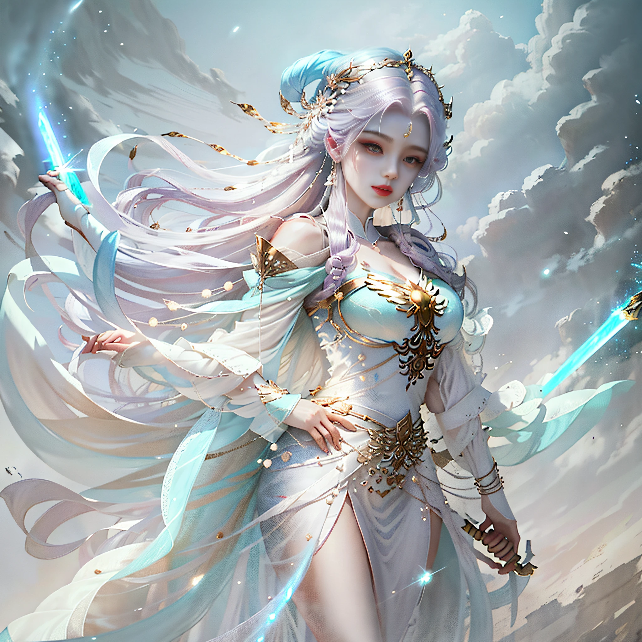a woman in a white dress holding a sword and a blue light, digital art by Yang J, cgsociety contest winner, fantasy art, xianxia fantasy, beautiful celestial mage, a beautiful fantasy empress, ethereal fantasy, fantasy art style, full body xianxia, digital fantasy art ), beautiful young wind spirit, epic fantasy art style hd, flowing magical robe --auto --s2