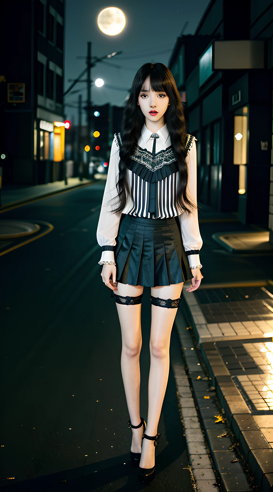(at night:1.4), dark street, RAW, (best quality) (masterpiece), (intricate details), 1girl, (full body:1.4), pale skin, black hair, long hair, curly hair, bangs, looking at viewer, (blouse, pleated skirt), stockings, high heels, (ulzzang-6500-v1.1:0.3),