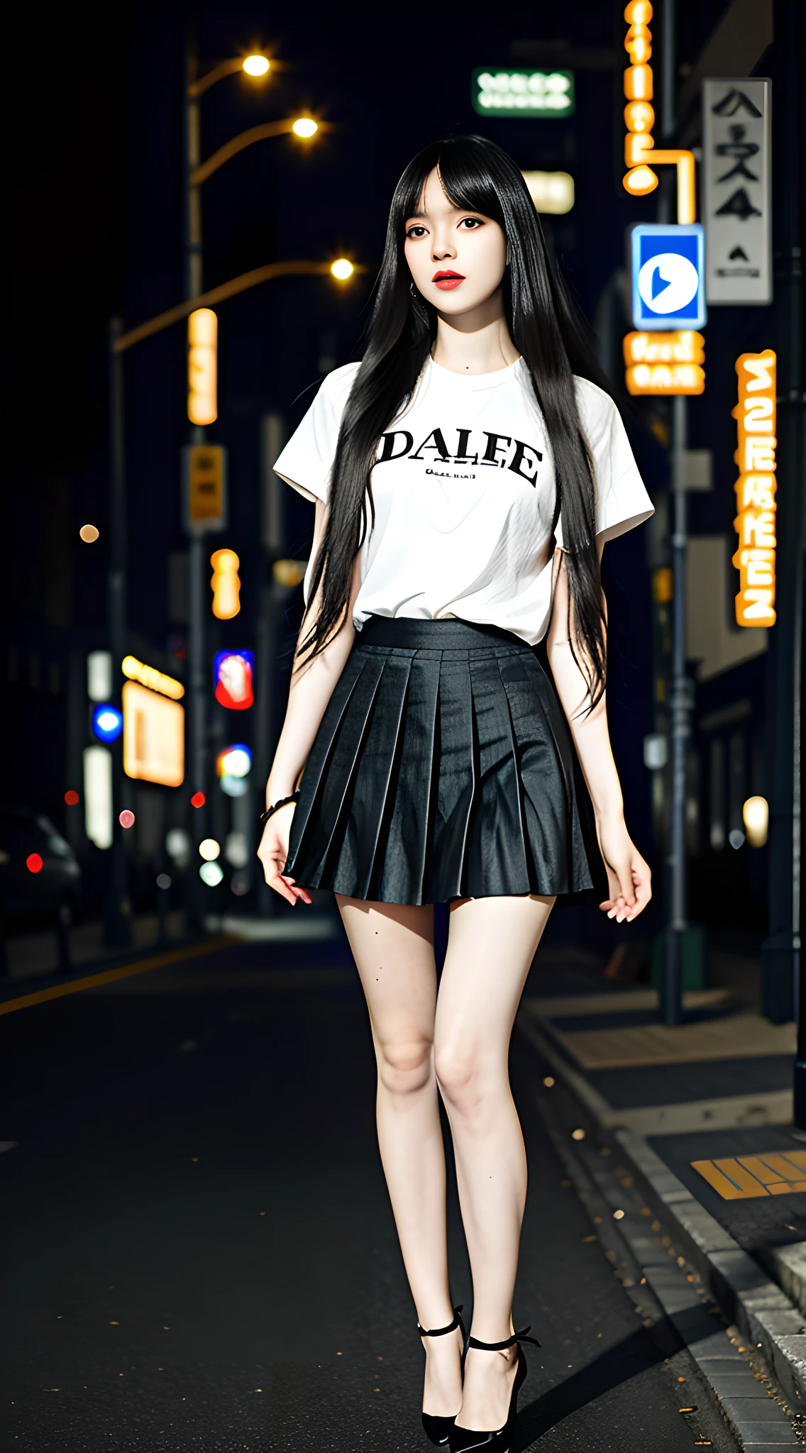 (evening: 1.4), dark street, RAW, (best quality) (masterpiece), (intricate details), 1 girl, (full body: 1.4), pale skin, black hair, long hair, curly hair, bangs, looking at the audience, long legs, (shirt, pleated skirt), stockings, high heels, (ulzzang-6500-v1.1:0.3),