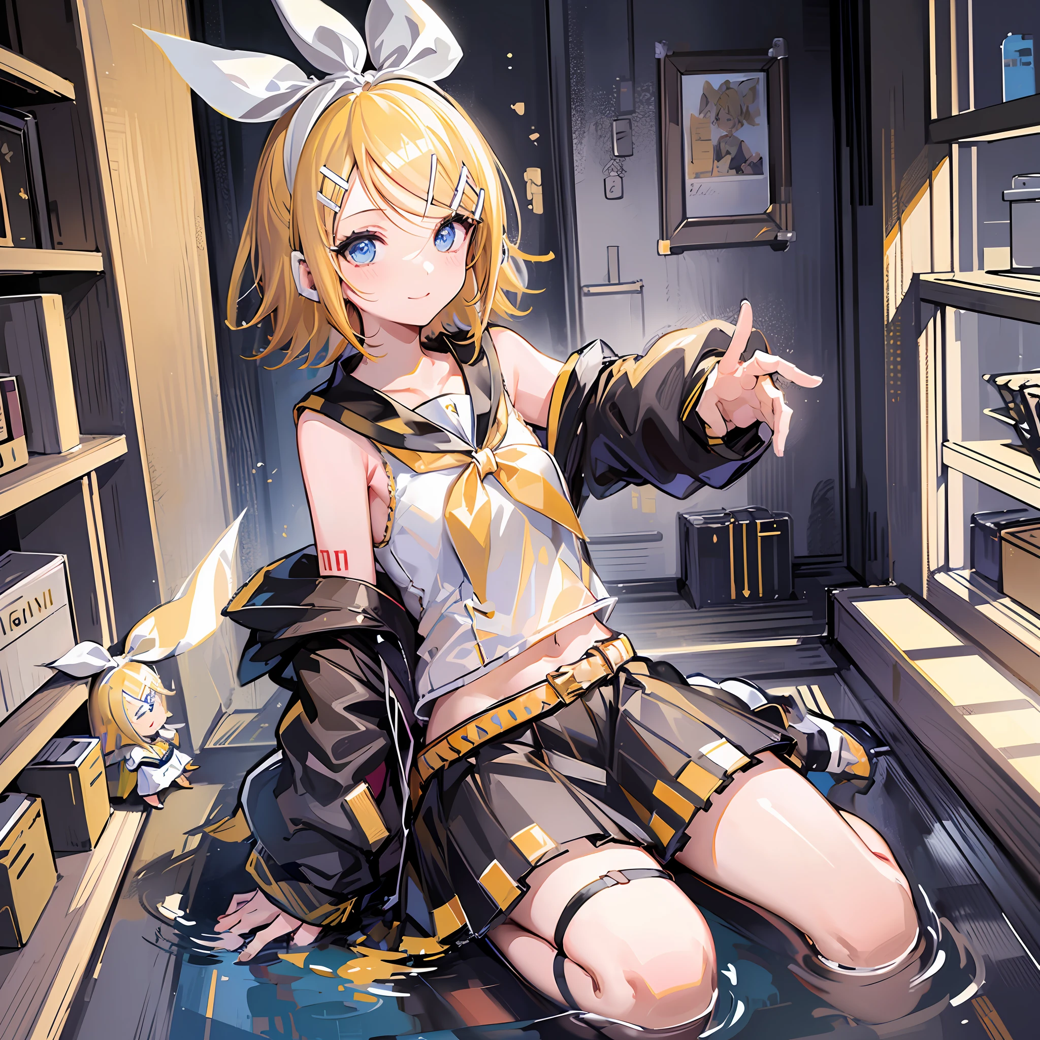 (Masterpiece), (Best Quality), (Illustration), (Ultra Detailed), (High Resolution), Absurdity, One Girl, (Kagamine_Rin:1.5), (Vocaloid), Shoulders are cut off, Short Hair, Hair Clip, Blush, (Blonde), Very Cute Girl, Small, Young, Delicate, Attention to Girl, Living Room, Cute, She, Smile, Best Moment, Sailor Suit, Black Shortscute, belt, blue eyes, bright eyes, cool