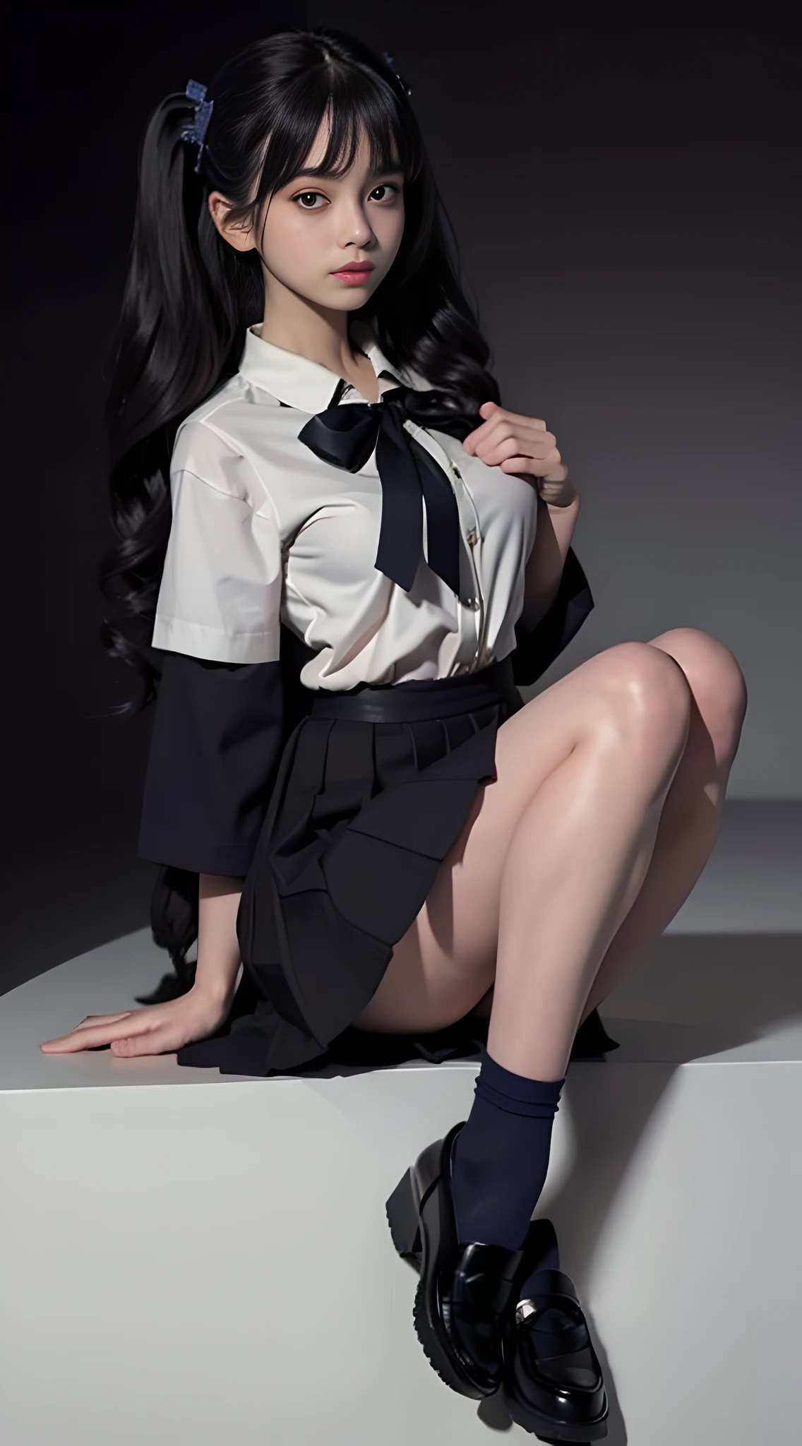 ultra detailed,realistic,(1girl),in stage,stage light,(detailed background),[(detailed face):14],(detailed nose blush),(mid breasts),(detailed TwinTails),(Wavy hair),detailed daylight,(high detailed skin:1.4),(Flat bangs),focus on face,(detailed black eyes:1.4),(big eyes),(white socks),
clean, pure face,(seductive smile),
(short-sleeved JK_sailor),JK_style,(dark blue JK_skirt) ,(bow JK_tie),
(black loafers)